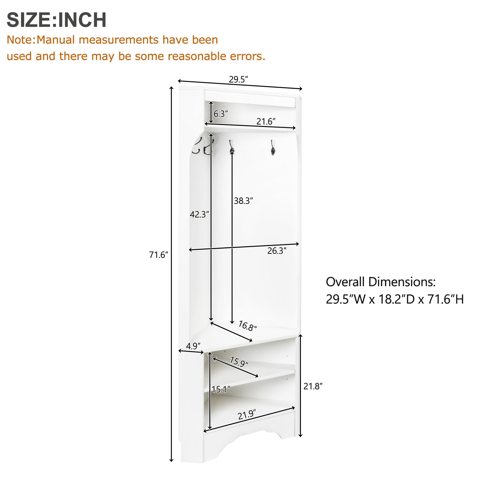Minimalist Corner Hall Tree With Shoe Bench, Versatile Entryway Coat Rack With 4 Hooks, Corner Cabinet With Adjustable Shelf For Hallway, Living Room, White, 29.5''W*71.6''H White Particle Board