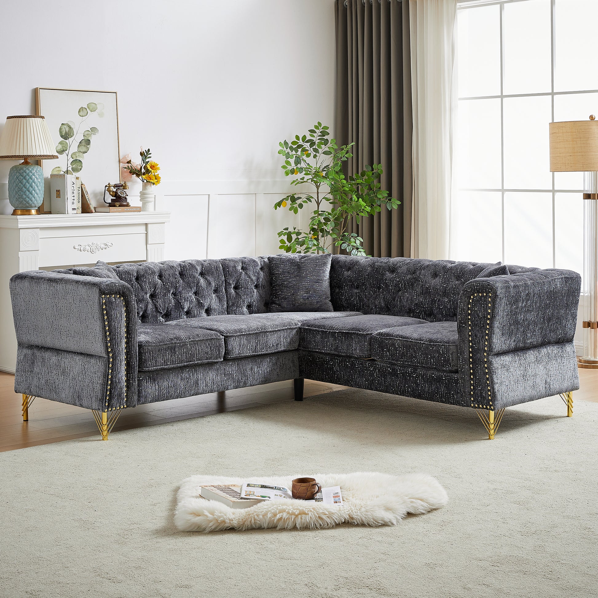 81.5 Inch Chenille Corner Sofal Shaped Sectional Couch, 5 Seater Corner Sofas With 3 Cushions For Living Room, Bedroom, Apartment, Office Grey Foam Chenille 5 Seat