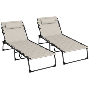 Outsunny Folding Chaise Lounge Set With 5 Level Reclining Back, Outdoor Lounge Tanning Chair With Padded Seat, Side Pocket & Headrest For Beach, Yard, Patio, Khaki Khaki Steel