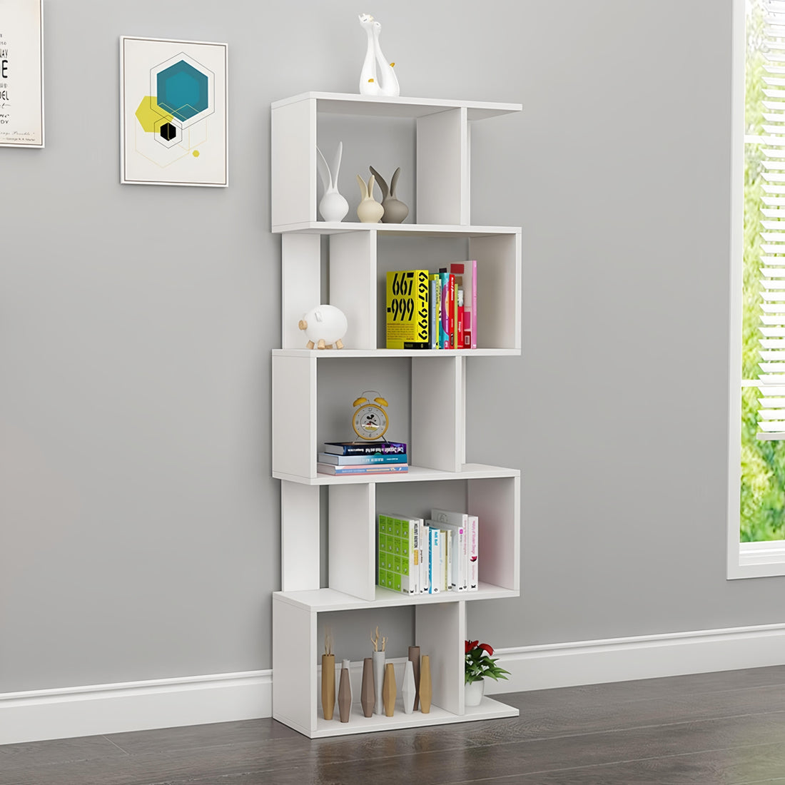 Dfw 5 Tier Geometric Storage Shelf Bookshelf, S Shaped Bookcase, Freestanding Room Divider, Industrial Home Office Decor Wood Open Storage Display Shelf For Living Room 1, White 5 White White