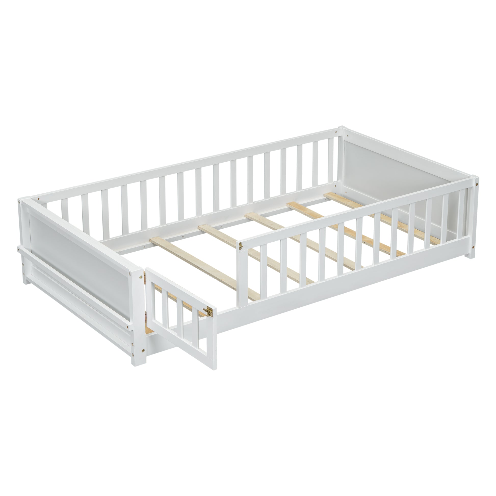 Twin Size Floor Platform Bed With Built In Book Storage Rack, Door,White Twin White American Design Pine