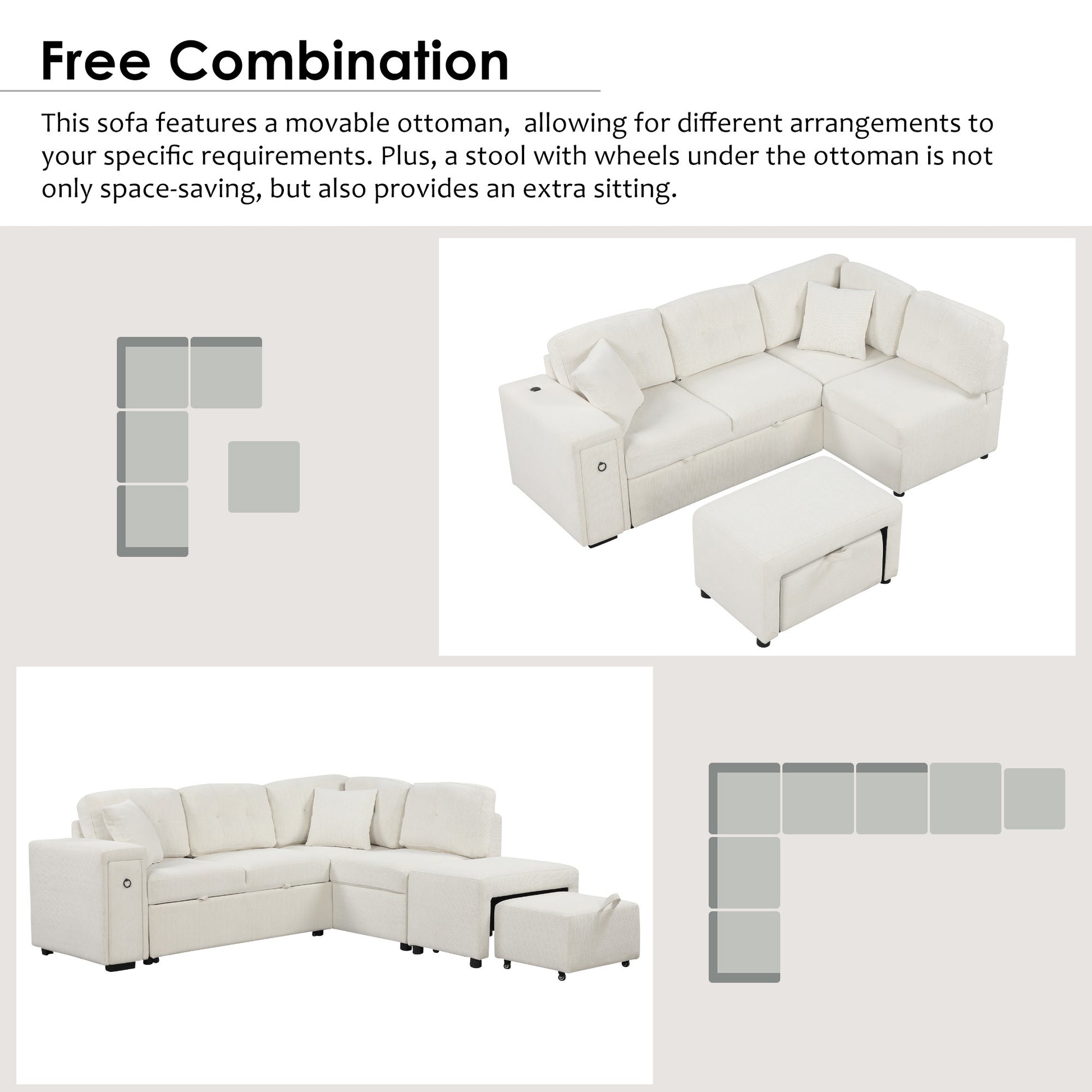 86.6" Sectional Sofa L Shaped Sofa Couch Pull Out Sofa Bed With A Movable Ottoman, Two Usb Ports And Two Cup Holders For Living Room, Beige Beige Foam Chenille 4 Seat