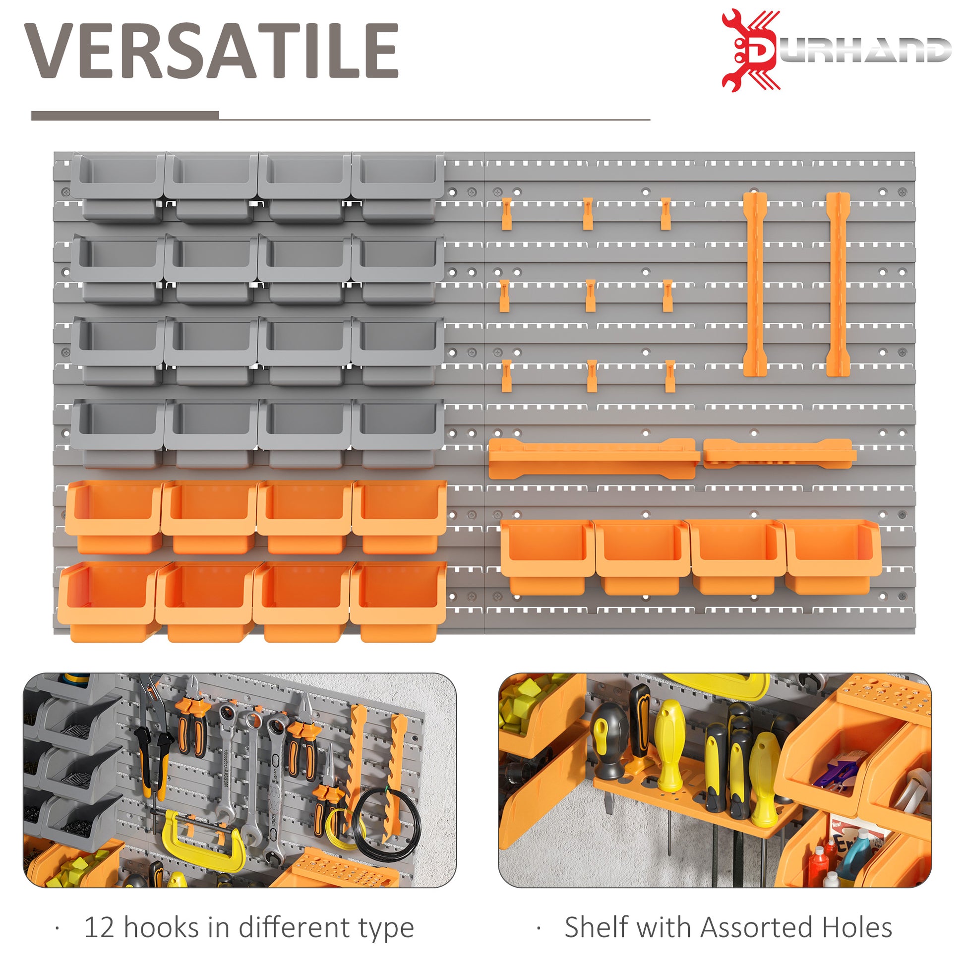 Durhand 44 Piece Wall Mounted Pegboard Tool Organizer Rack Kit With Various Sized Storage Bins, Pegboard, & Hooks, Orange Orange Plastic
