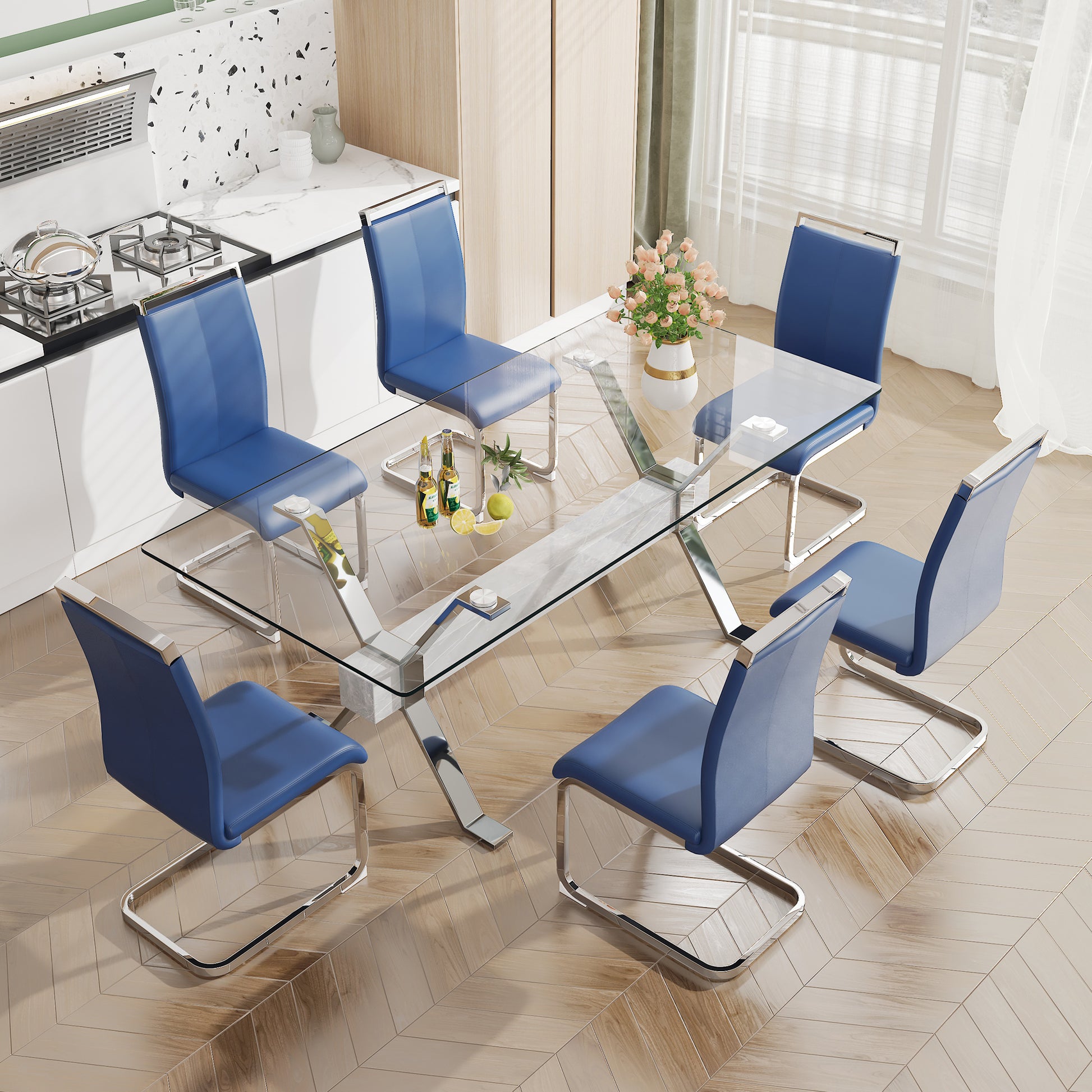 Dining Table. Modern Tempered Glass Dining Table. Large Modern Office Desk With Silver Plated Metal Legs And Mdf Crossbars, Suitable For Both Home And Office Use. Kitchen. 71 ''X35.4''X30 '' 1105 Transparent Glass