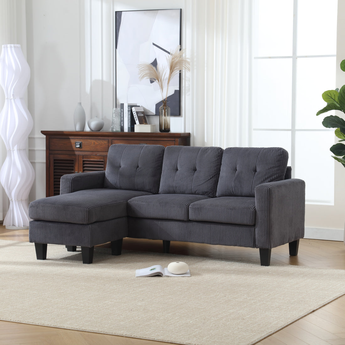 Velvet Sectional Couchl Shaped Sofa With Ottoman For Small Apartment Dark Gray Velvet 3 Seat