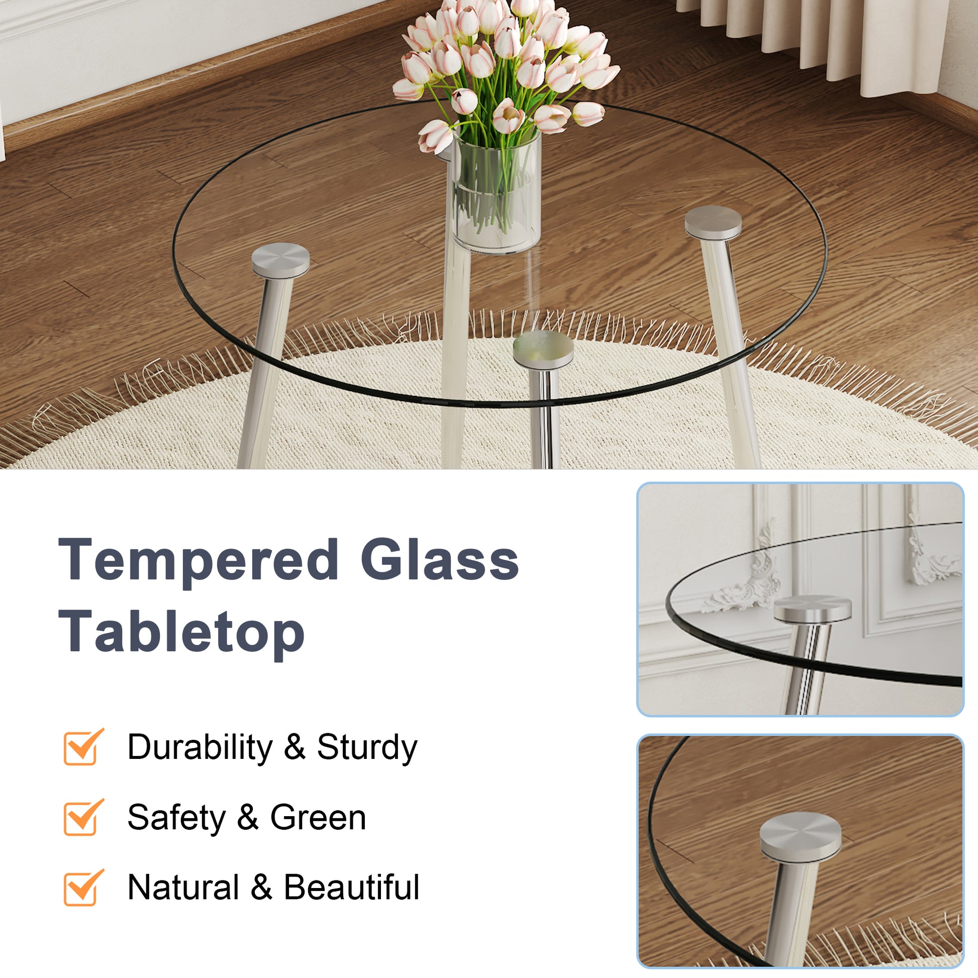 A Modern Minimalist Style Round Transparent Tempered Glass Table, Silver Metal Legs, Paired With 4 Modern Style Transparent Dining Chairs,Bringing A Luxurious Experience. Transparent Seats 4 Glass