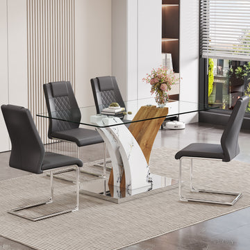 Table And Chair Set.Modern Dining Table, Tempered Glass Countertop With Artistic Mdf Legs.Paried With 4 Comfortable Chairs With Pu Seats And Metal Legs. Suitable For Various Decoration Styles. Gray,Transparent Seats 4 Mdf Glass