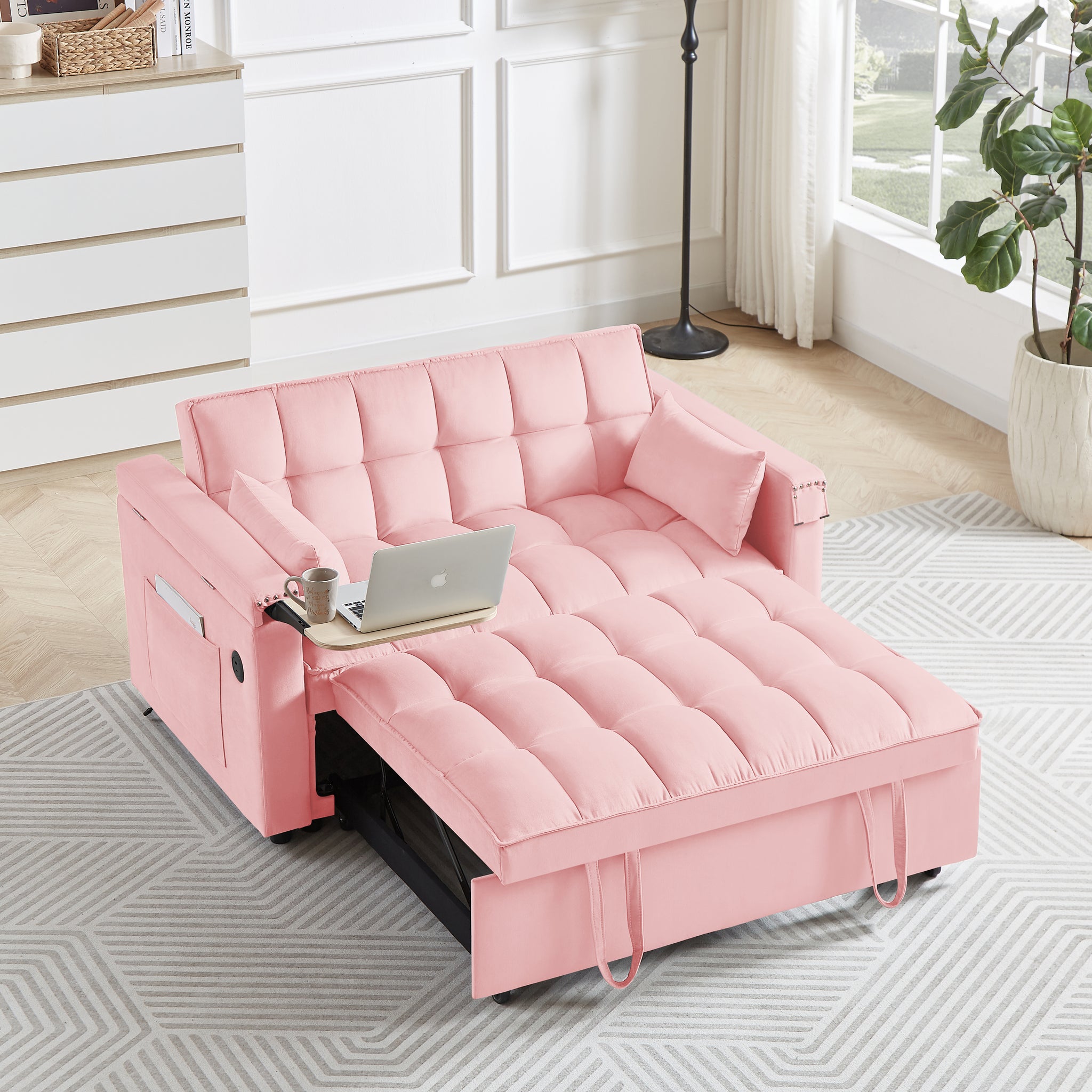 Convertible Sofa Bed In 3 Lengths, Modem Velvet Pulaut Bed, Adjustable Back And Wih Usb Port And Hidden Laptop Desk Table For Living Room, Smal Space,Pink Pink Velvet 2 Seat