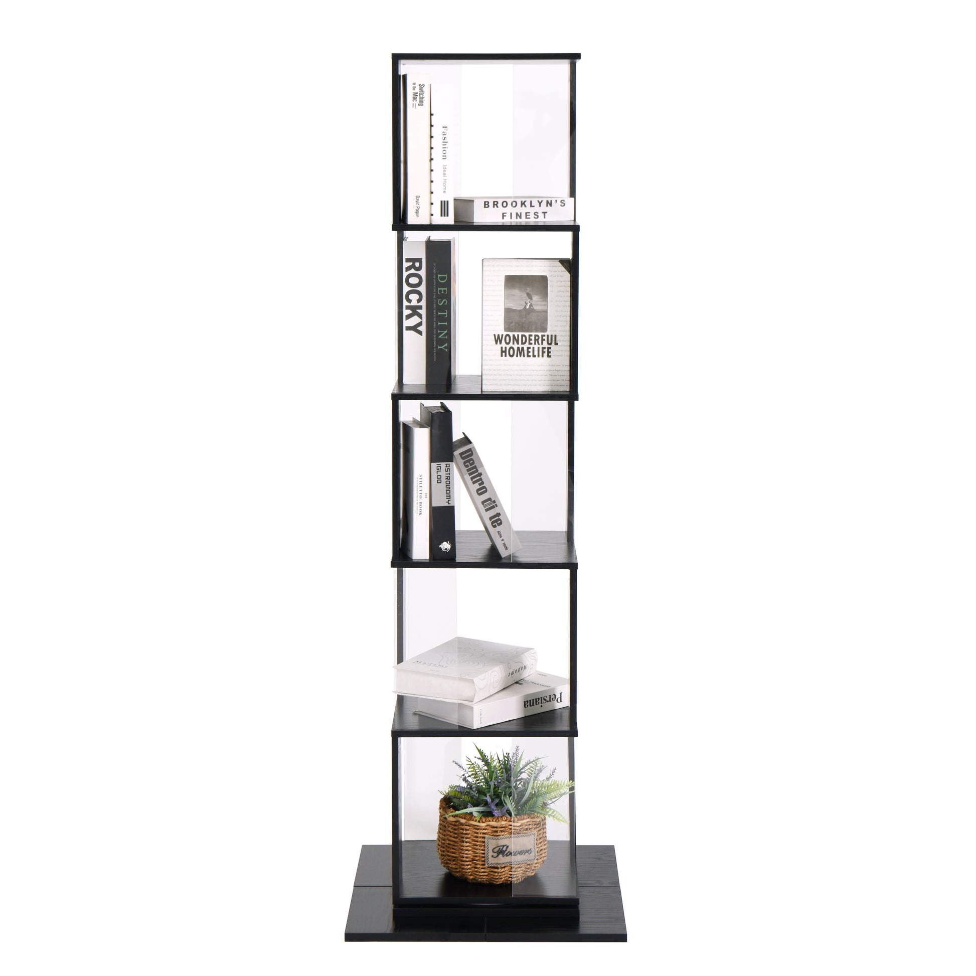 5 Tier Rotating Bookshelf, Floor Rack Simple Bookcase With Acrylic Plate Student Multi Function Creative Bookshelf For Living Room With Anti Toppling Base Black Particle Board