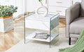 Bedside Table With Drawers. The Board Surface Is Mdf Sticker, And Both Sides Are Transparent Tempered Glass. The Design Is Simple And Elegant, With Excellent Storage Functions. White 1 Drawer Mdf Glass