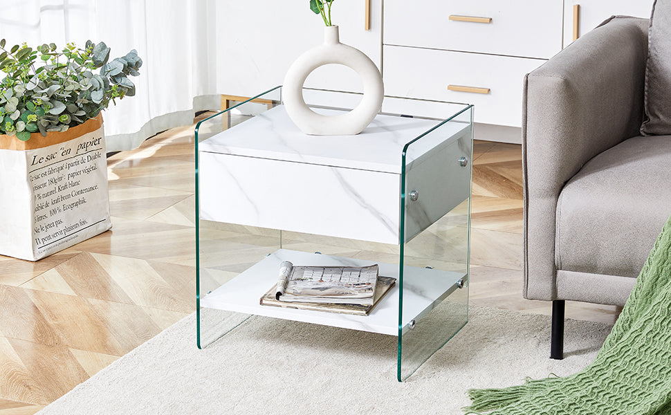 Bedside Table With Drawers. The Board Surface Is Mdf Sticker, And Both Sides Are Transparent Tempered Glass. The Design Is Simple And Elegant, With Excellent Storage Functions. White 1 Drawer Mdf Glass