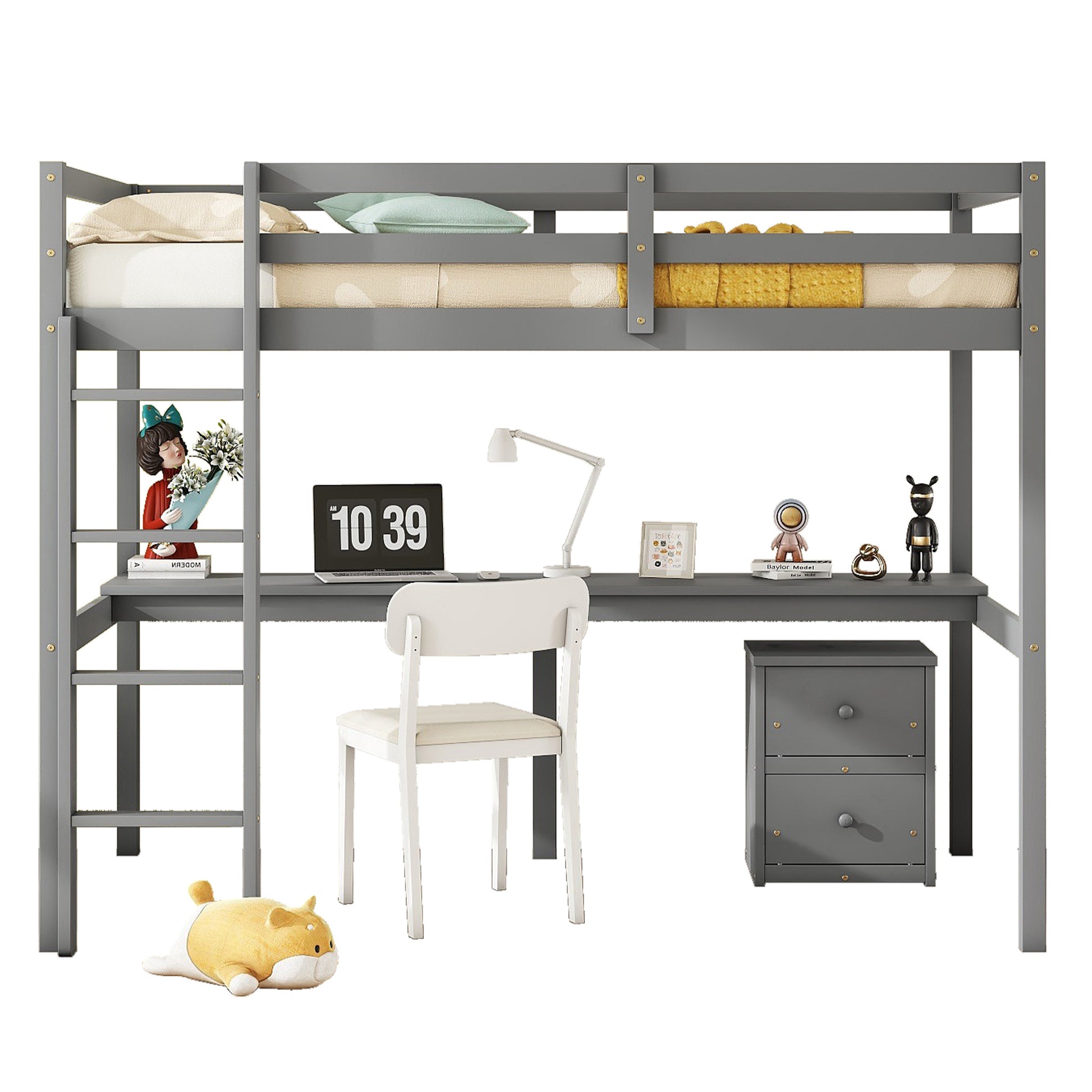 Twin Loft Wood Bed With Under Bed, Built In Desk, A Storage Cabinet Of 2 Drawers, Guardrails, Ladder,Grey Twin Grey Pine