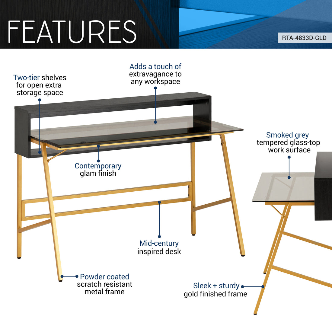 Techni Mobili Home Office Writing Desk With Riser, Gold Gold Writting Desk Office Modern Rectangular Rectangular Mdf Metal