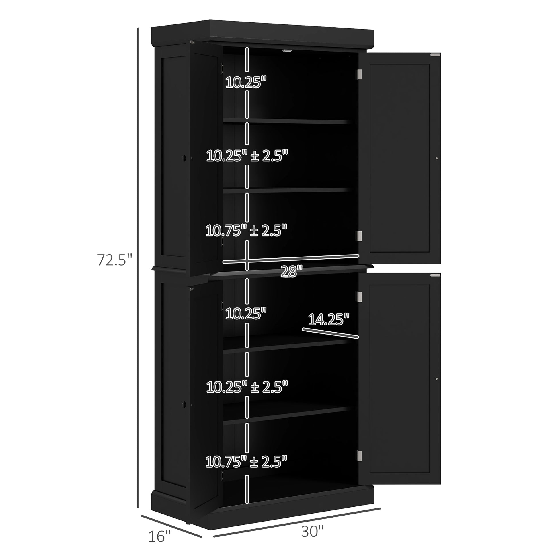 Homcom 72.5" Kitchen Pantry Storage Cabinet, Freestanding Kitchen Cupboard With 4 Doors And Adjustable Shelves For Dining Room, Mdf Black Black Mdf