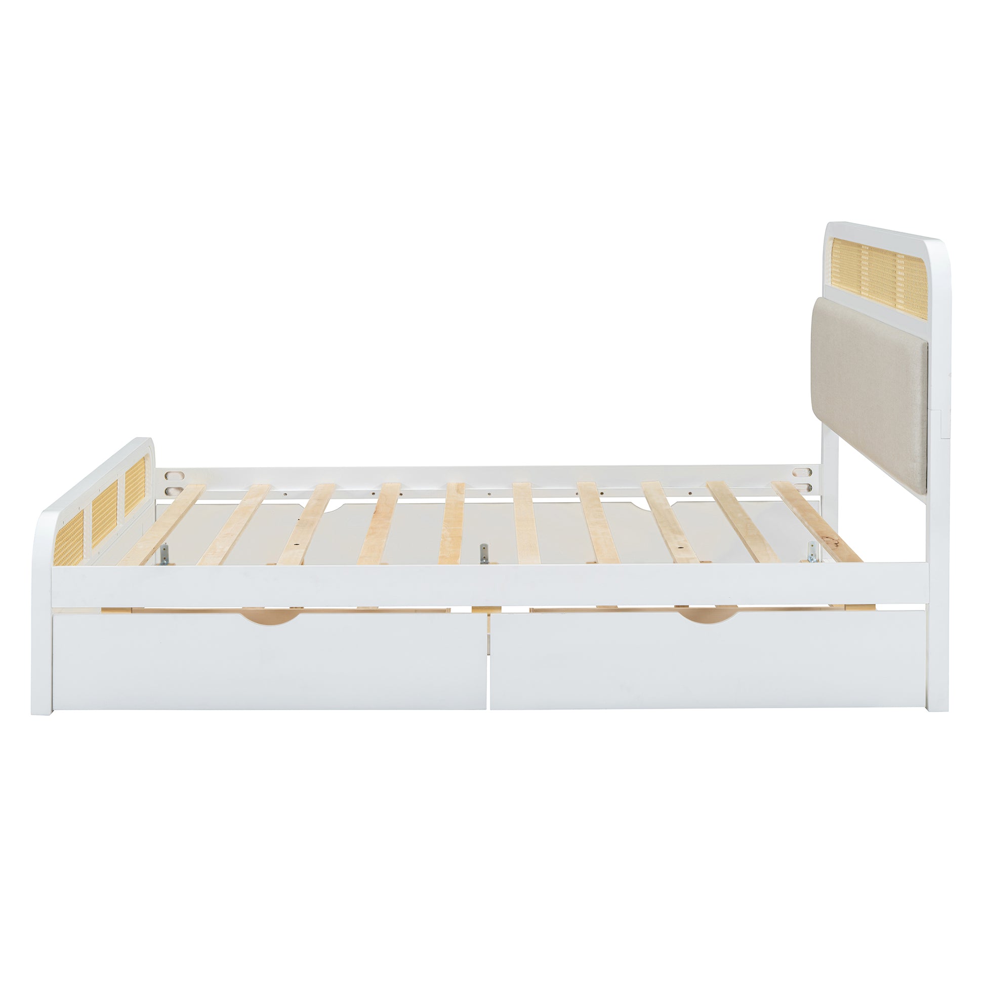 Queen Size Wooden Platform Bed With Trundle And 2 Drawers,White Queen White Solid Wood Mdf