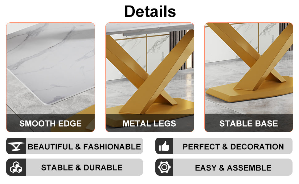 Table And Chair Set, The Table Is Equipped With A Marble Patterned Mdf Tabletop And Gold Table Legs.The Chair Is Equipped With Pu Synthetic Leather High Back Cushion And Gold Coated Metal Legs. Grey Gold Seats 6 Mdf Metal