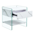 Bedside Table With Drawers. The Board Surface Is Mdf Sticker, And Both Sides Are Transparent Tempered Glass. The Design Is Simple And Elegant, With Excellent Storage Functions. White 1 Drawer Mdf Glass