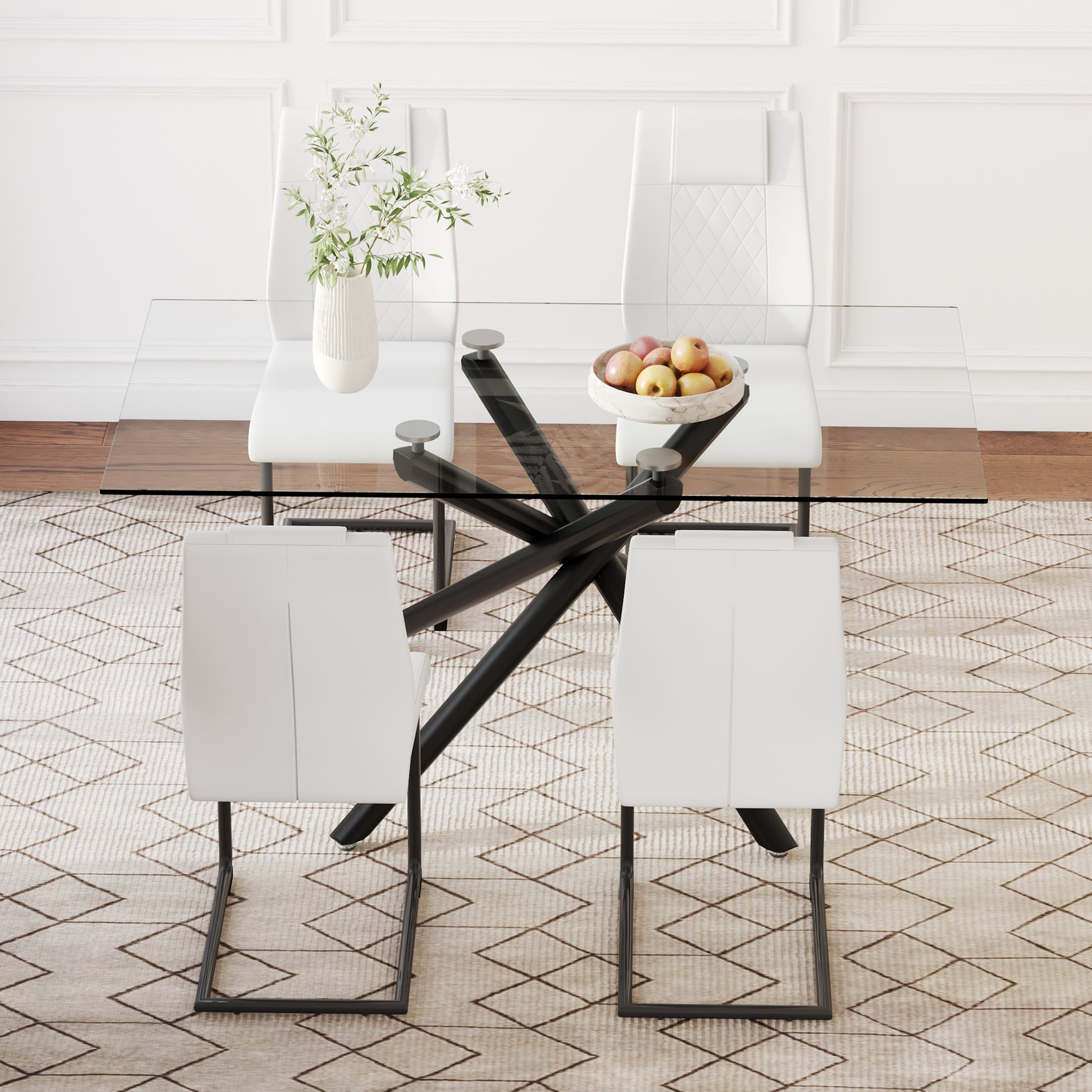 Table And Chair Set.Modern Rectangular Glass Dining Table With 0.39" Tempered Glass Tabletop And Black Metal Legs.Paired With Multiple Chairs Designed With Pu Cushions And Black Metal Legs. White Black Seats 4 Tempered Glass