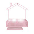 Full Size Metal House Bed With Fence, With Trundle, Pink Full Pink Metal