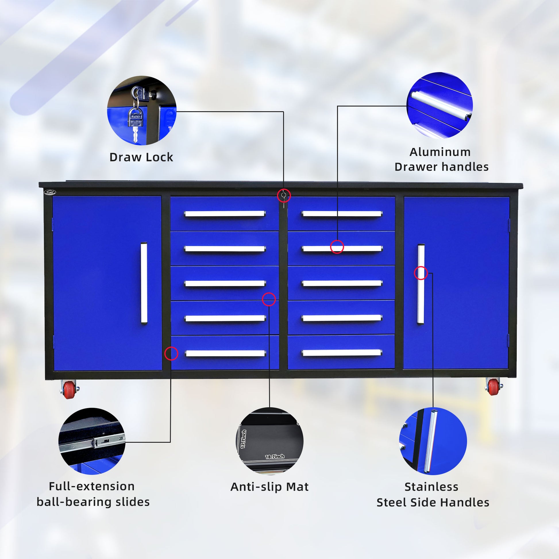 7Ft Storage Cabinets With Workbench 10 Drawers & 2 Cabinets Blue Blue Steel