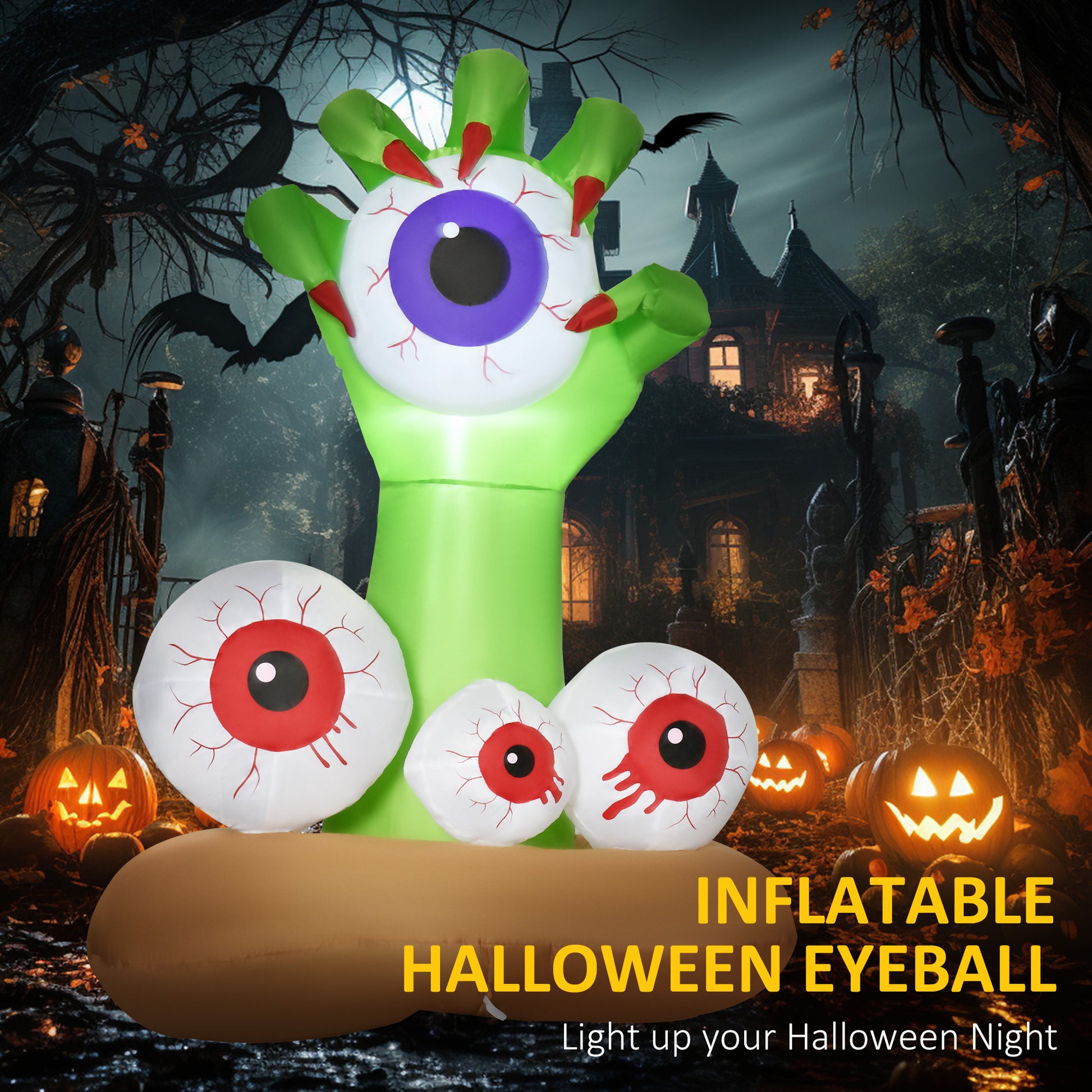 Homcom 4Ft Halloween Inflatables Outdoor Decorations Monster Hand Grasping Bloodshot Eyeballs, Blow Up Led Yard Decor For Garden, Lawn, Party, Holiday, Waterproof Green Polyester