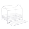 Full Size Metal House Bed With Fence, With Trundle, White Full White Metal