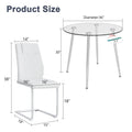 A Modern Minimalist Round Transparent Tempered Glass Table With Silver Metal Legs And 4 Modern Pu Leather High Backed Dining Chairs For A Luxurious Experience. White Seats 4 Glass Metal