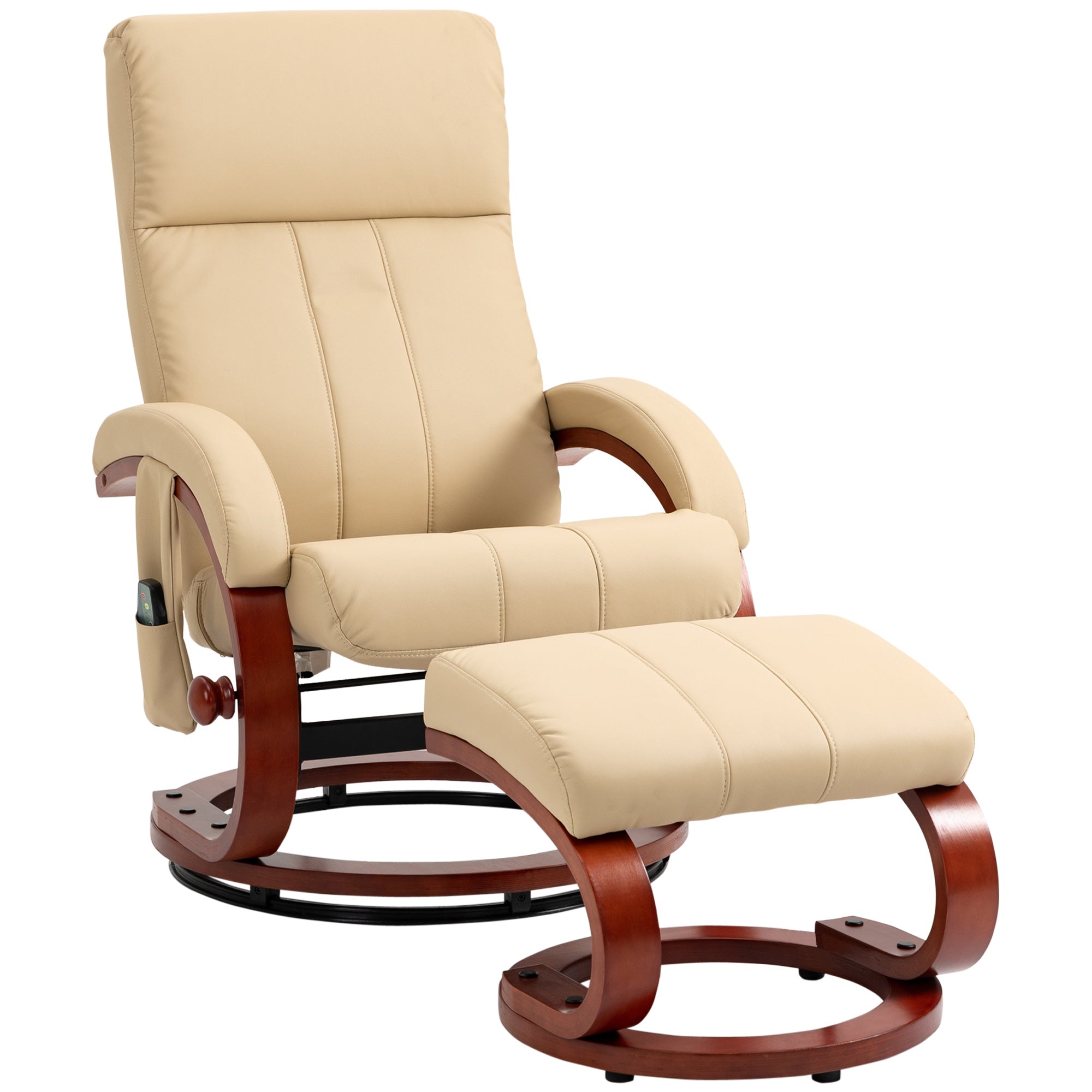 Homcom Recliner Chair With Ottoman, Electric Faux Leather Recliner With 10 Vibration Points And 5 Massage Mode, Reclining Chair With Remote Control, Swivel Wood Base And Side Pocket, Beige Beige Steel