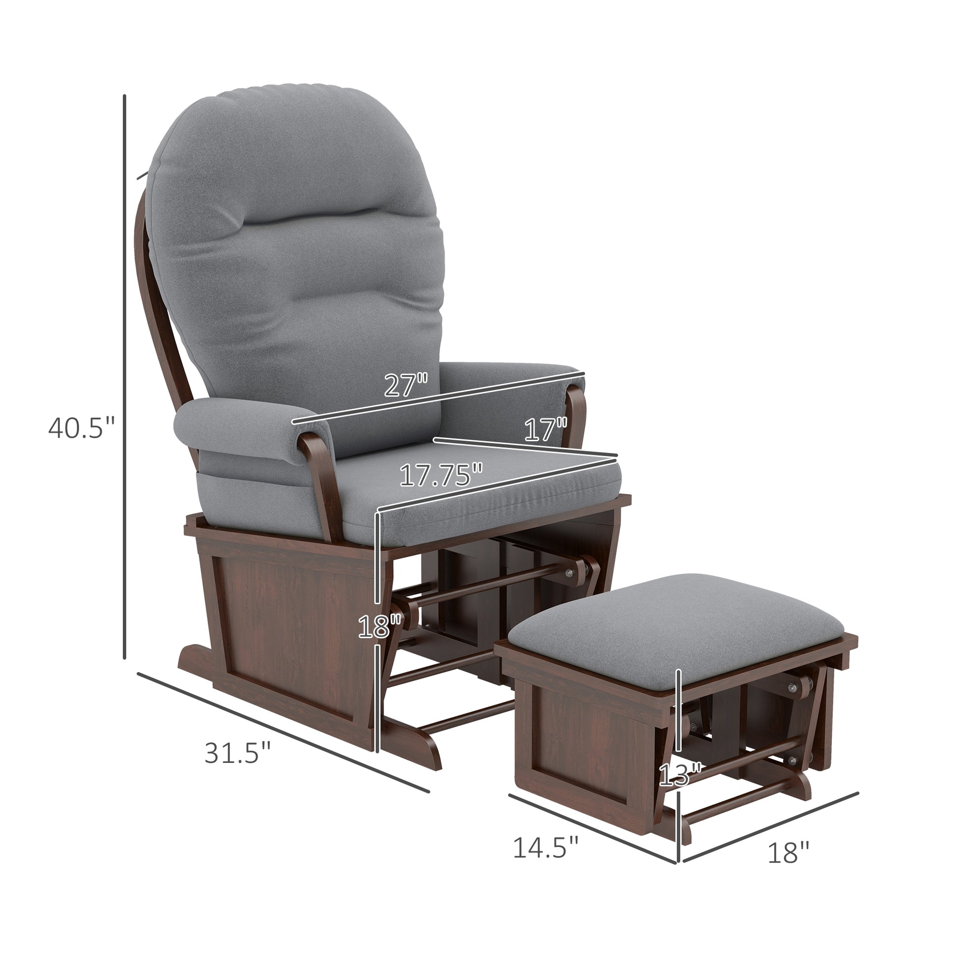 Homcom Nursery Glider Rocking Chair With Ottoman, Thick Padded Cushion Seating And Wood Base, Dark Gray Dark Gray Polyester