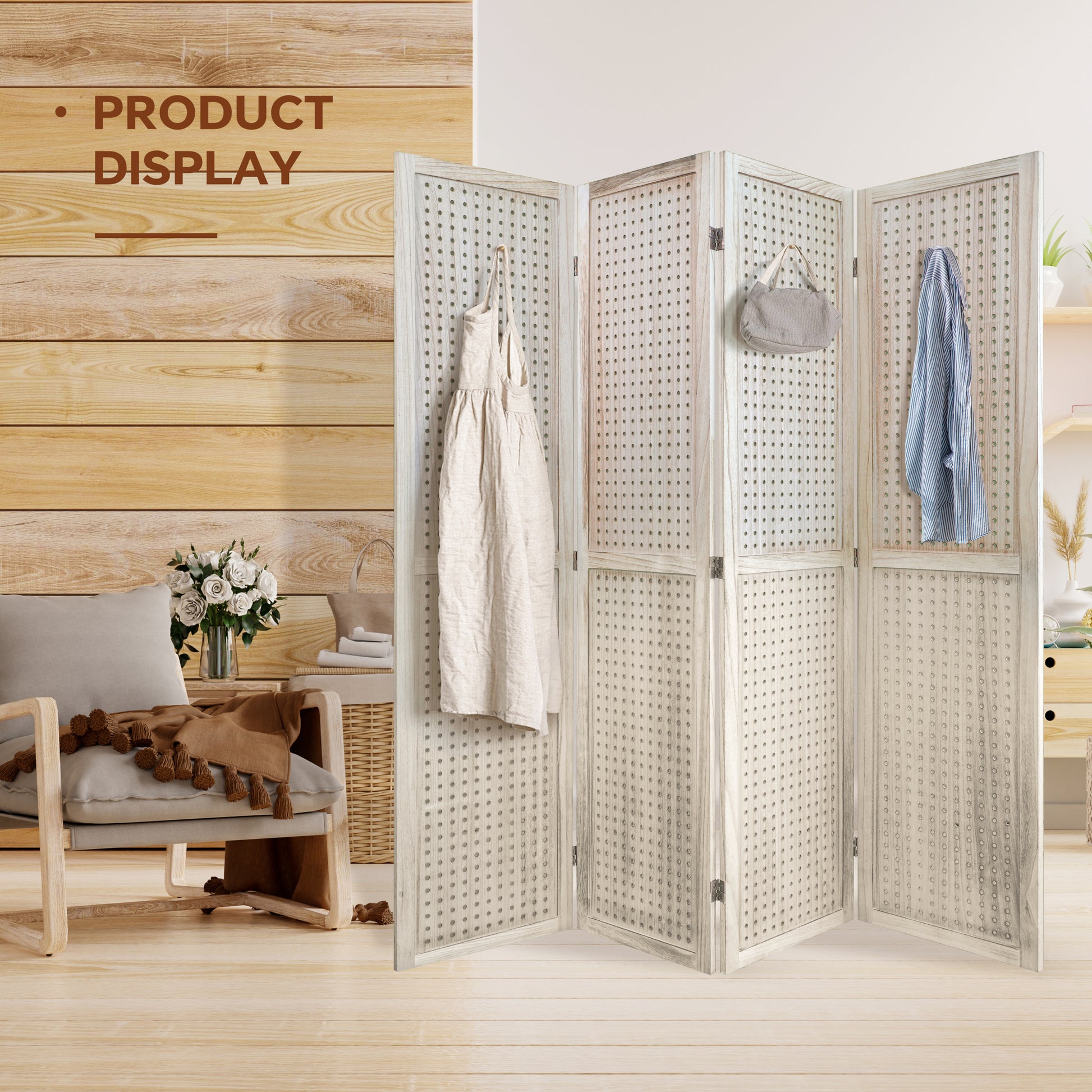 4 Panel Room Divider, 5.6Ft Pegboard Display Wooden Room Divider Folding Privacy Screen Room Divider Freestanding Peg Board Display For Trade Show Craft Show Home Wall Organizer, Natural Wood Natural Wood Rustic Wood