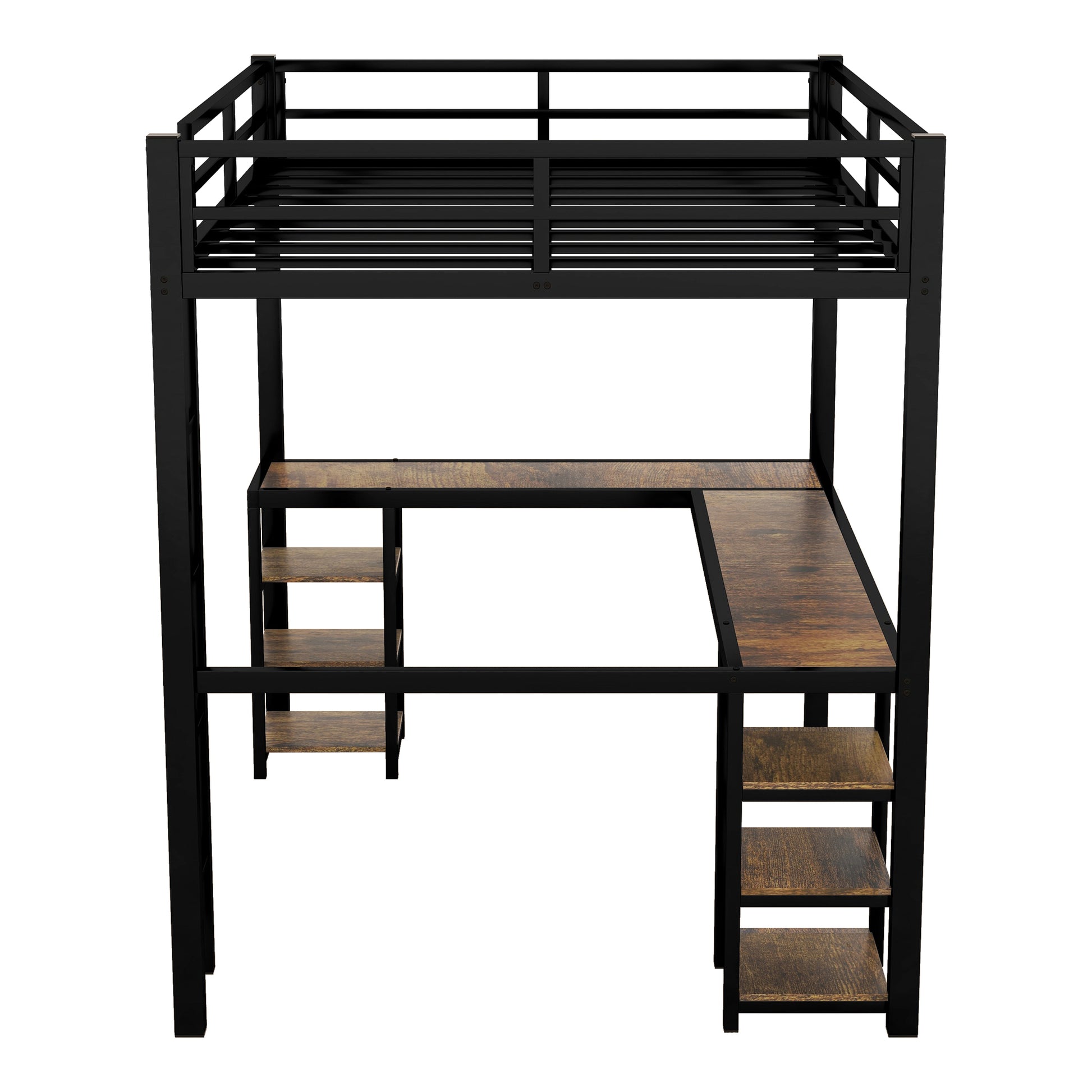 Full Xl Metal Loft Bed With Desk And Shelves, Loft Bed With Ladder And Guardrails, Loft Bed Frame For Bedroom, Black Full Xl Black Metal