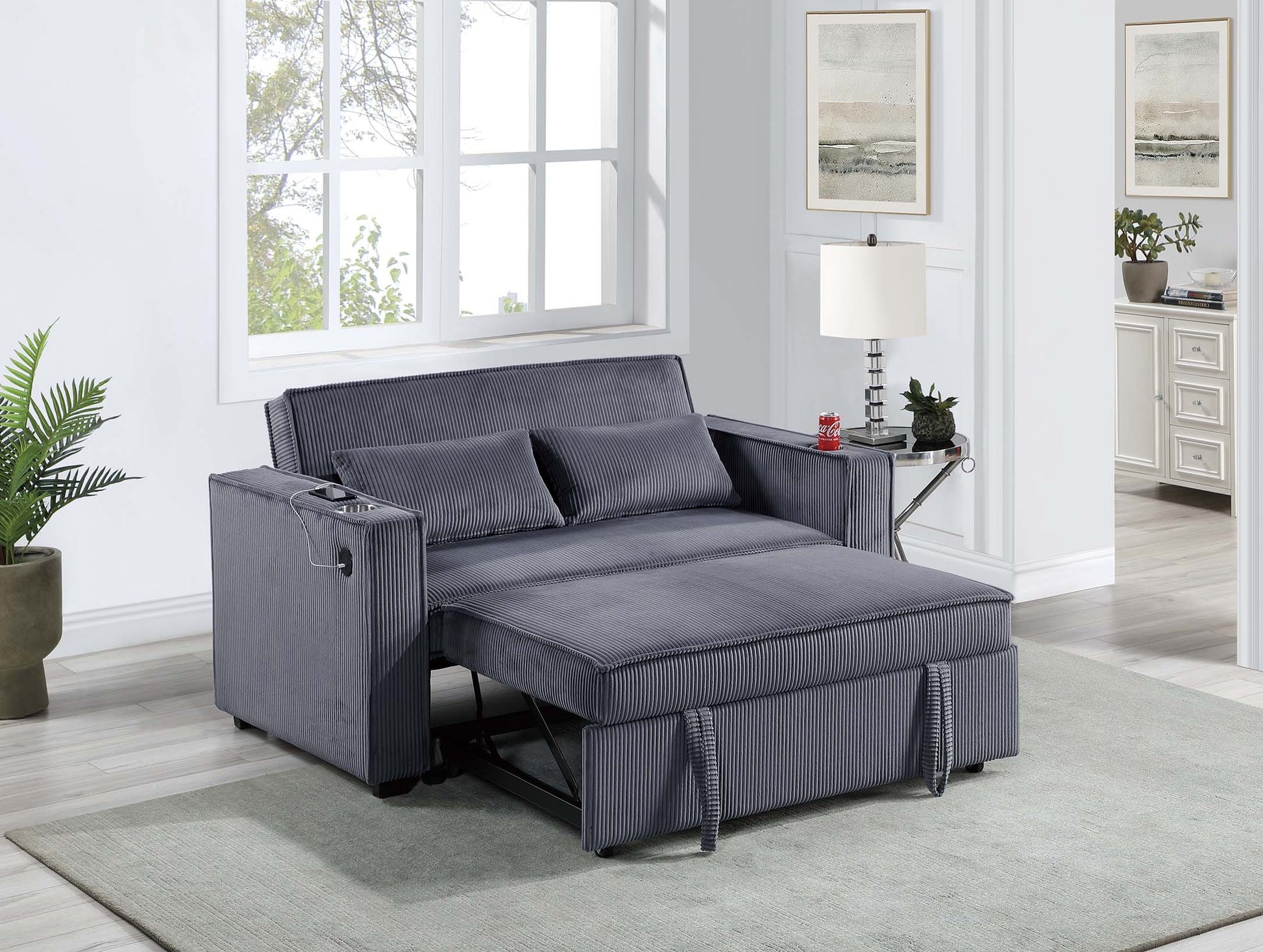 Dark Gray Corduroy Upholstered 2 Seat Sofa W Cup Holders Sleeper Couch 1Pc Convertible Sofa W Usb Dark Gray Wood Primary Living Space Cushion Back Contemporary,Modern,Transitional Rubberwood Square