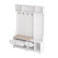 Multi Purpose Hallway Hall Tree With Removable Linen Cushioned Entryway Bench, Coat Rack, Storage Shelves, And Diy Pegboard,For Hallways, Living Room, White White Mdf Metal