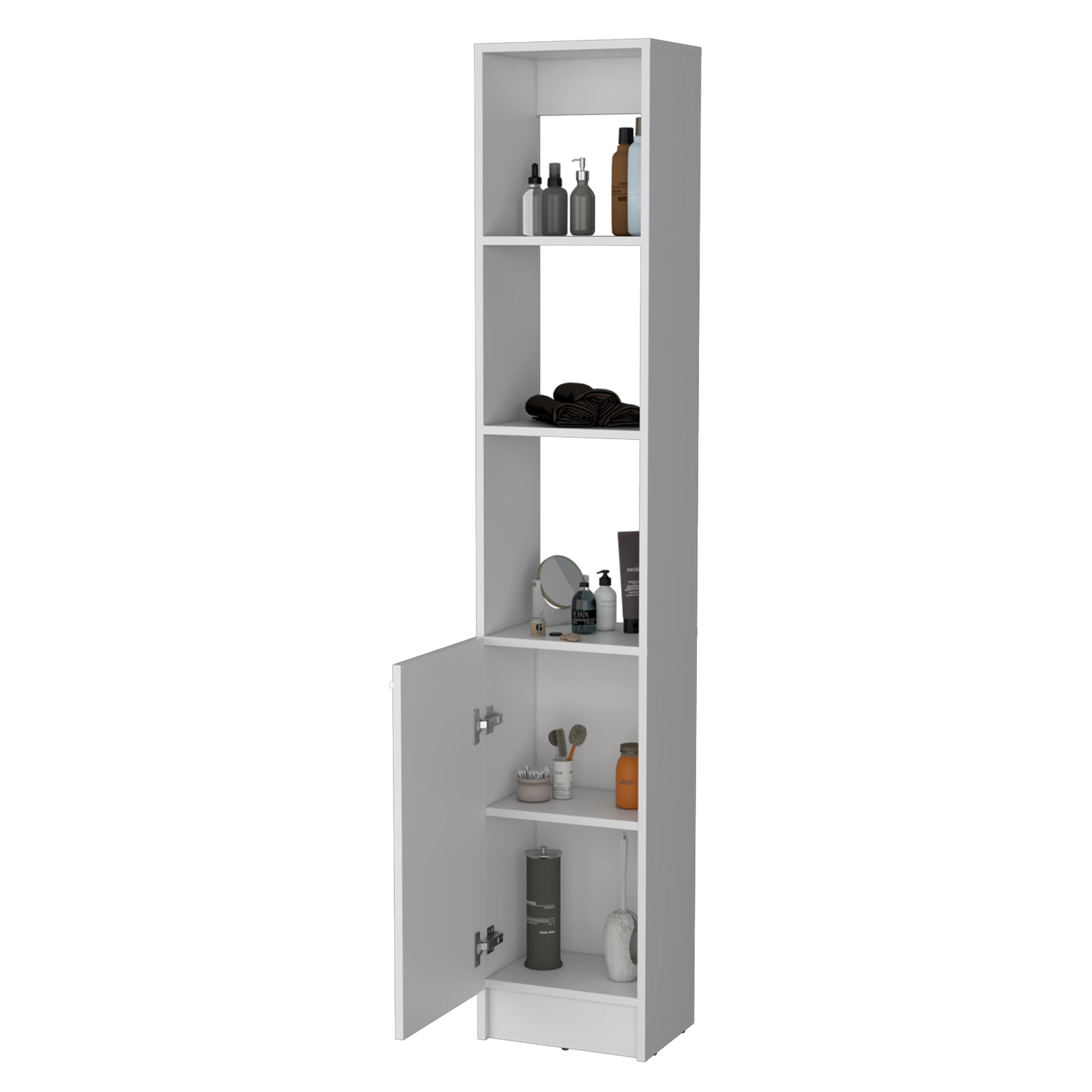 Brenda Linen Cabinet With 1 Door, 3 Open Shelves White 2 5 60 In & Above Bathroom Contemporary 10 15 Inches Particle Board Engineered Wood