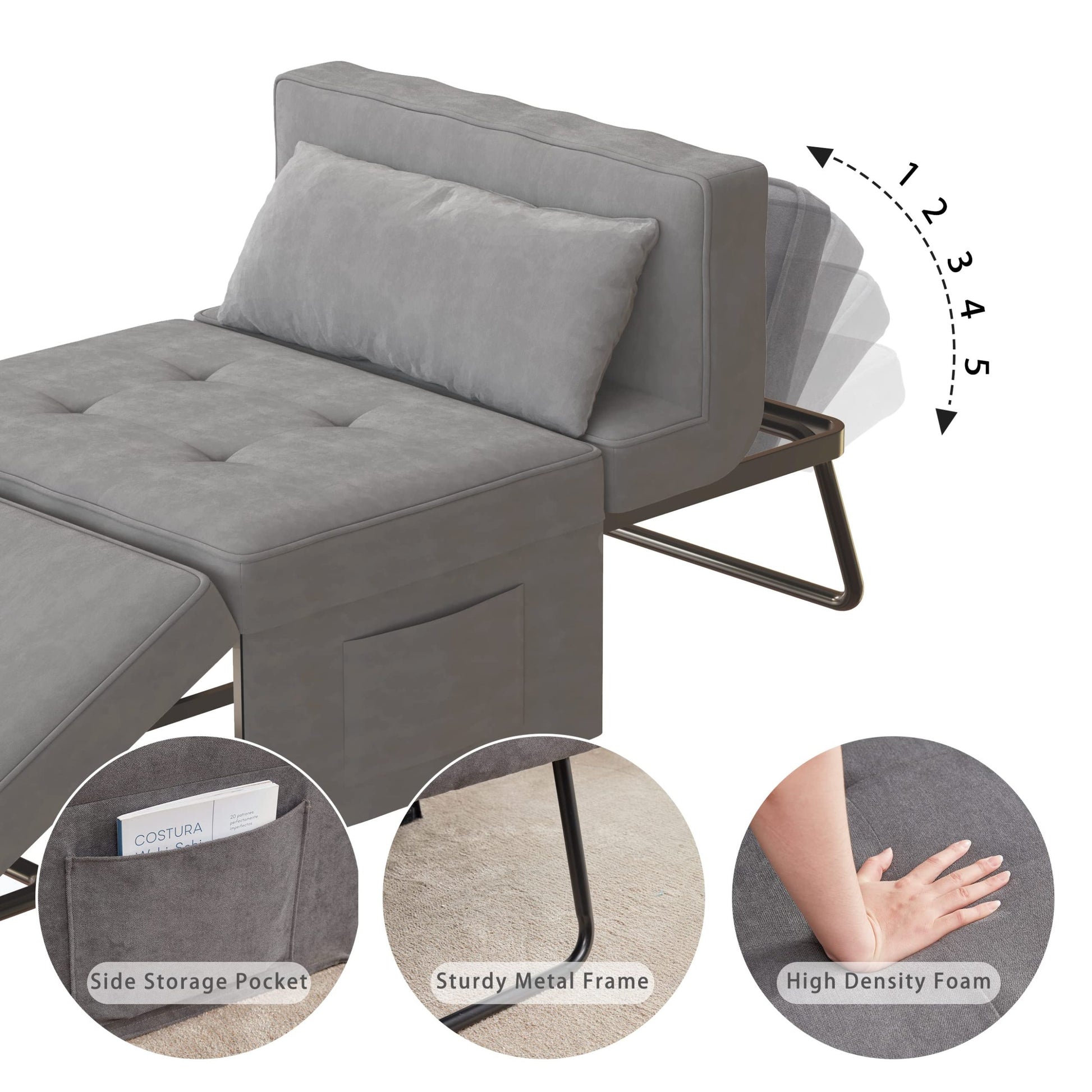 Sofa Bed,Chair Bed,Sleeper Couch,4 In 1 Multi Function Folding Ottoman Bed With Slide Storagepocket For Living Room,Bedroom,Hallway Dark Gray Espresso Bedroom Mid Century Modern Oak Upholstered Fabric