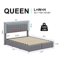 Queen Size Led Bed Frame With 4 Storage Drawers, Smart Control Rgb Led Lights On Headboard,With Remote Control, Upholstered Adjustable Headbaord, Pu Leather Grey Mdf Metal