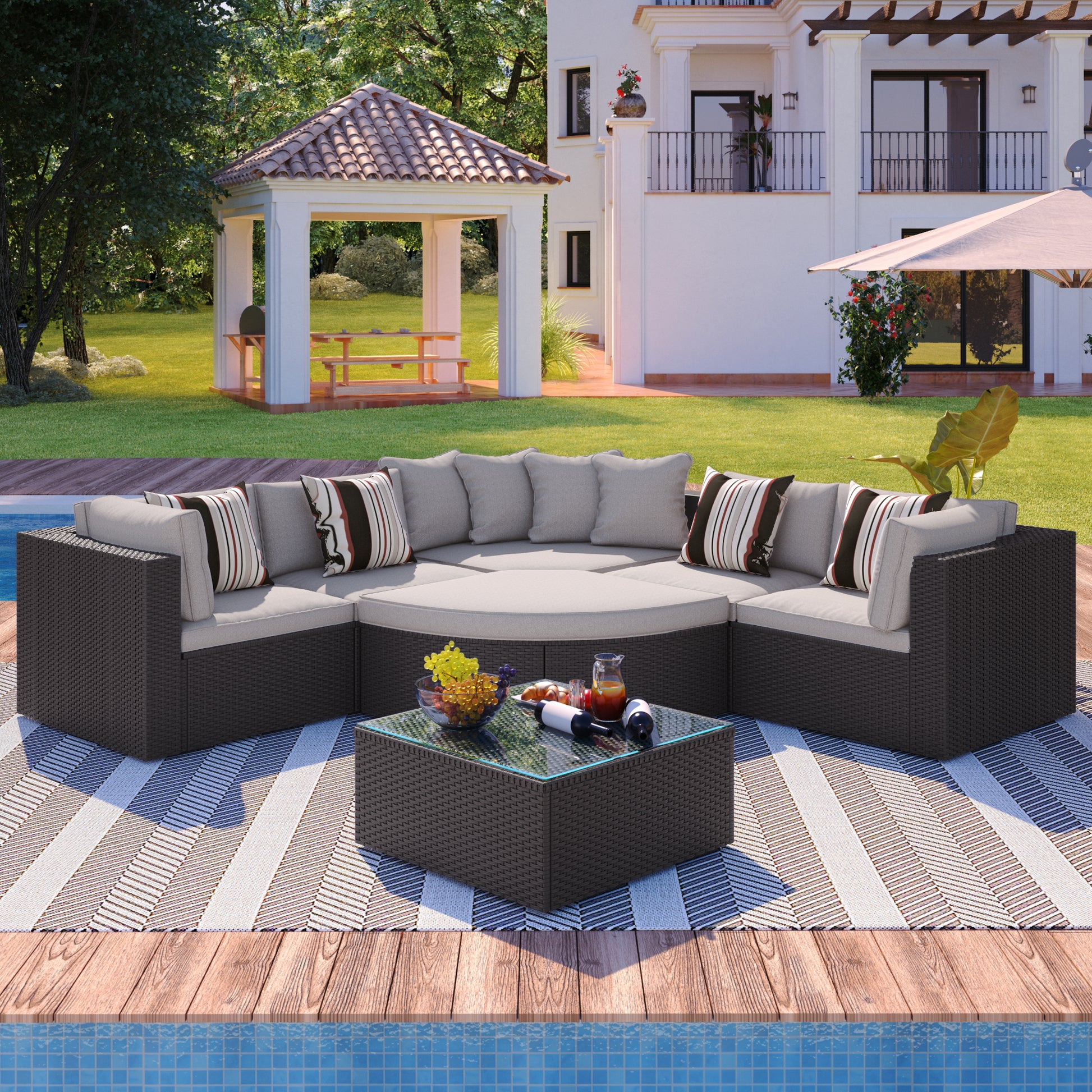 7 Piece Outdoor Wicker Sofa Set, Rattan Sofa Lounger, With Colorful Pillows, Conversation Sofa, For Patio, Garden, Deck, Brown Wicker Yes Brown Seats 6 Garden & Outdoor Complete Patio Sets Foam