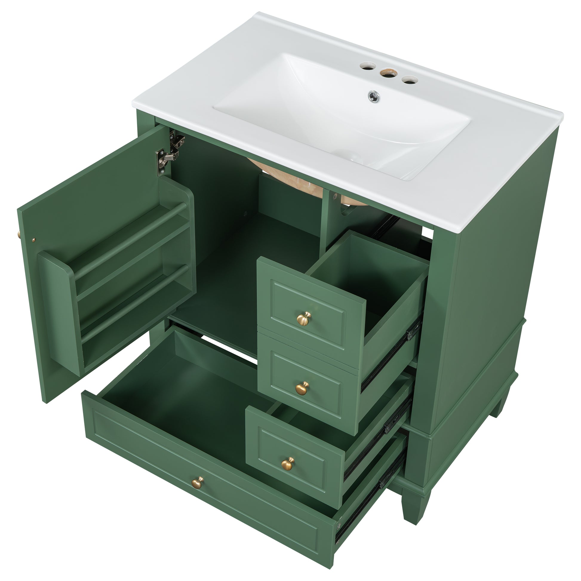 30" Bathroom Vanity With Sink, One Door With Shelf And Three Drawers, Soft Close Door, Green Green Ceramic Mdf,Rubber Wood