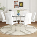 Table And Chair Set.A Modern Minimalist Round Dining Table With Transparent Tempered Glass Top And Silver Metal Legs,And 6 Chairs With Pu Backrest And Seat Cushion And Silver C Tube Metal Legs. Transparent,White Seats 6 Glass Metal