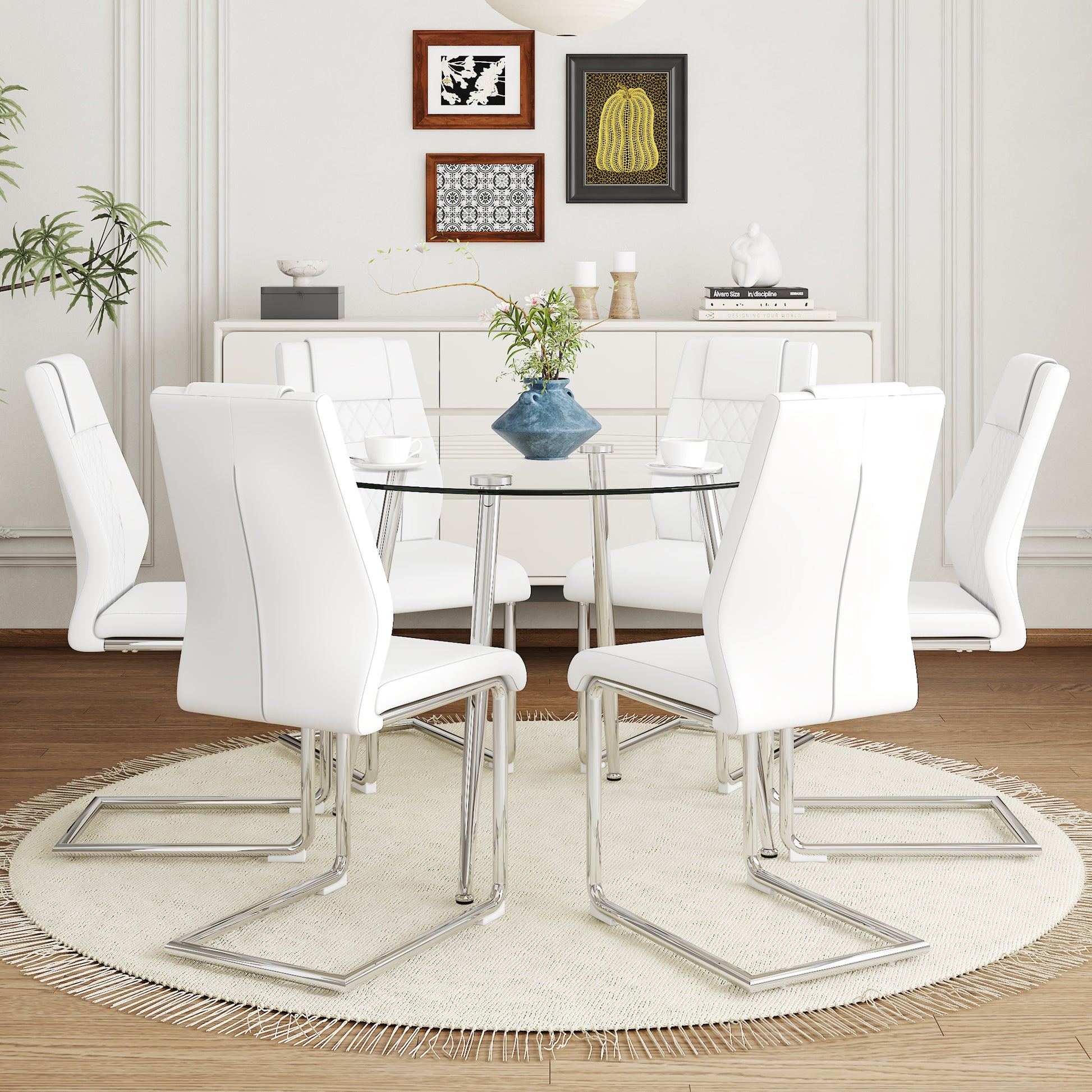 Table And Chair Set.A Modern Minimalist Round Dining Table With Transparent Tempered Glass Top And Silver Metal Legs,And 6 Chairs With Pu Backrest And Seat Cushion And Silver C Tube Metal Legs. Transparent,White Seats 6 Glass Metal