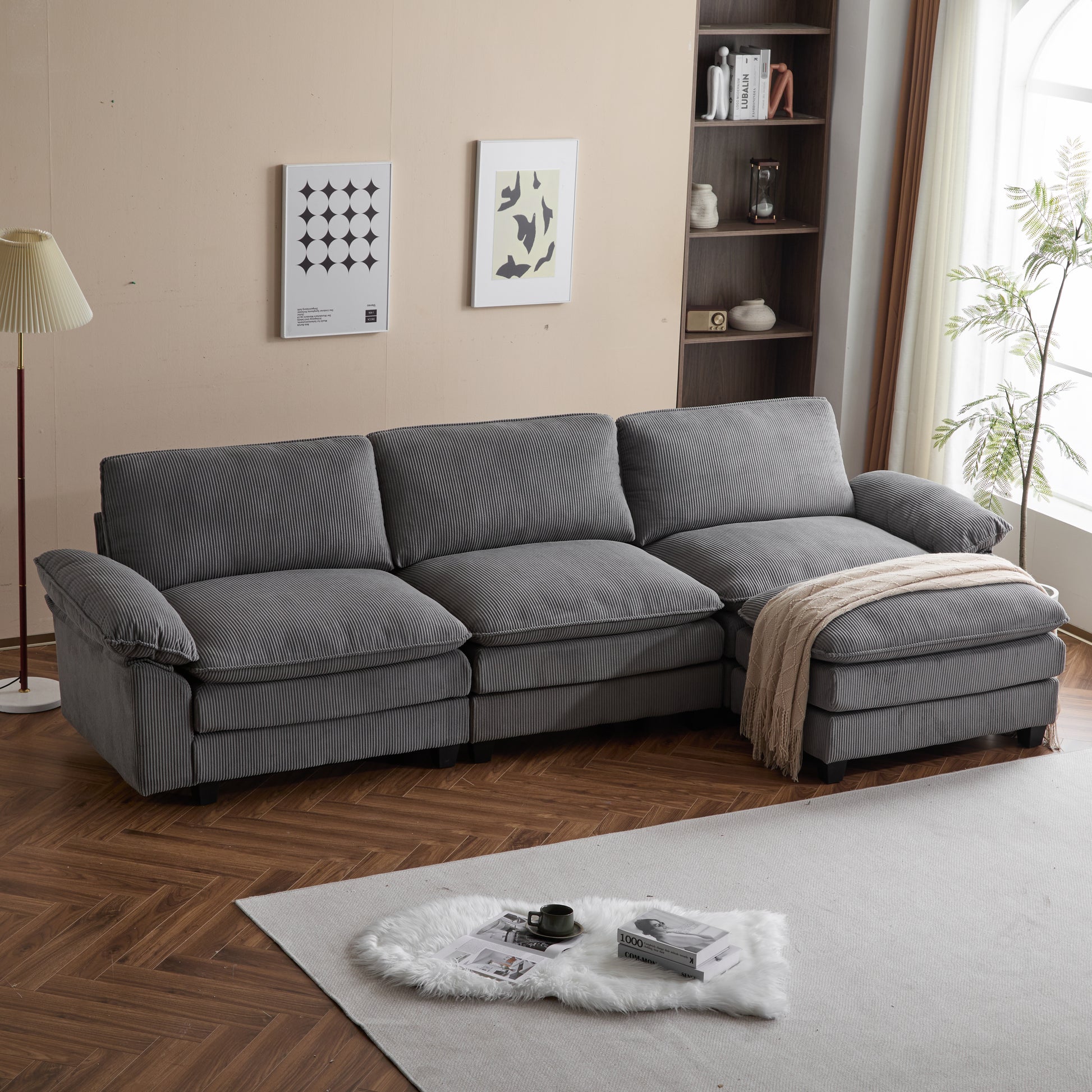 Modular Sectional Sofa With Movable Ottoman,L Shaped Corduroy Fabric Couch With High Supportive & Soft Sponges And Removable Ottoman, Sleeper Comfy Upholstered Furniture For Living Room Grey Grey