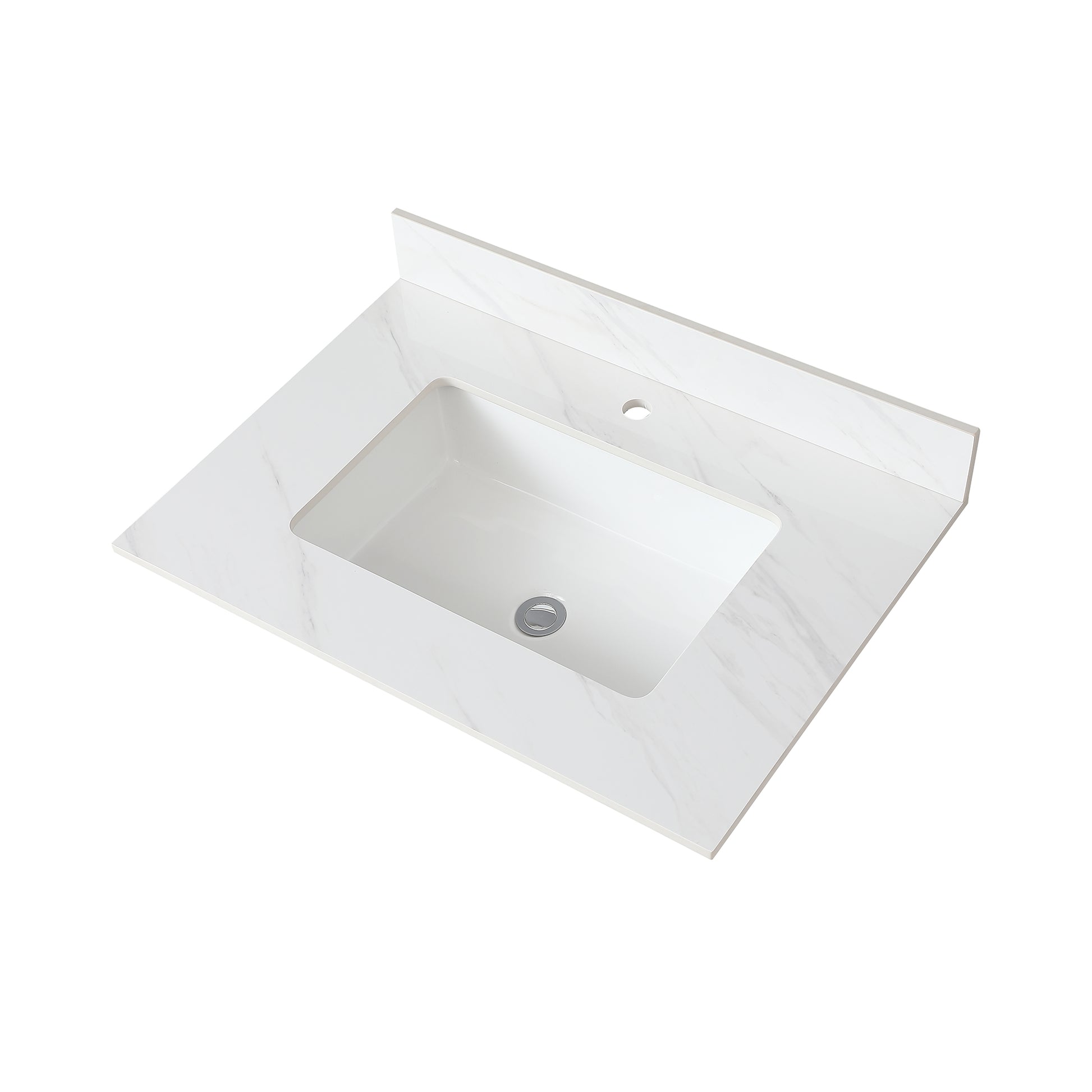 31 Inch Marble Vanity Top, White Vanity Top With Pre Drilled Faucet Holes, Bathroom Vanity Top With Undermount Rectangular Middle Sink And 4" Height Backsplash, Bianco Carrara Venato White Bathroom Sintered Stone