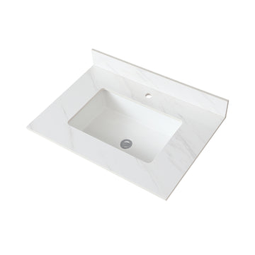 31 Inch Marble Vanity Top, White Vanity Top With Pre Drilled Faucet Holes, Bathroom Vanity Top With Undermount Rectangular Middle Sink And 4" Height Backsplash, Bianco Carrara Venato White Bathroom Sintered Stone
