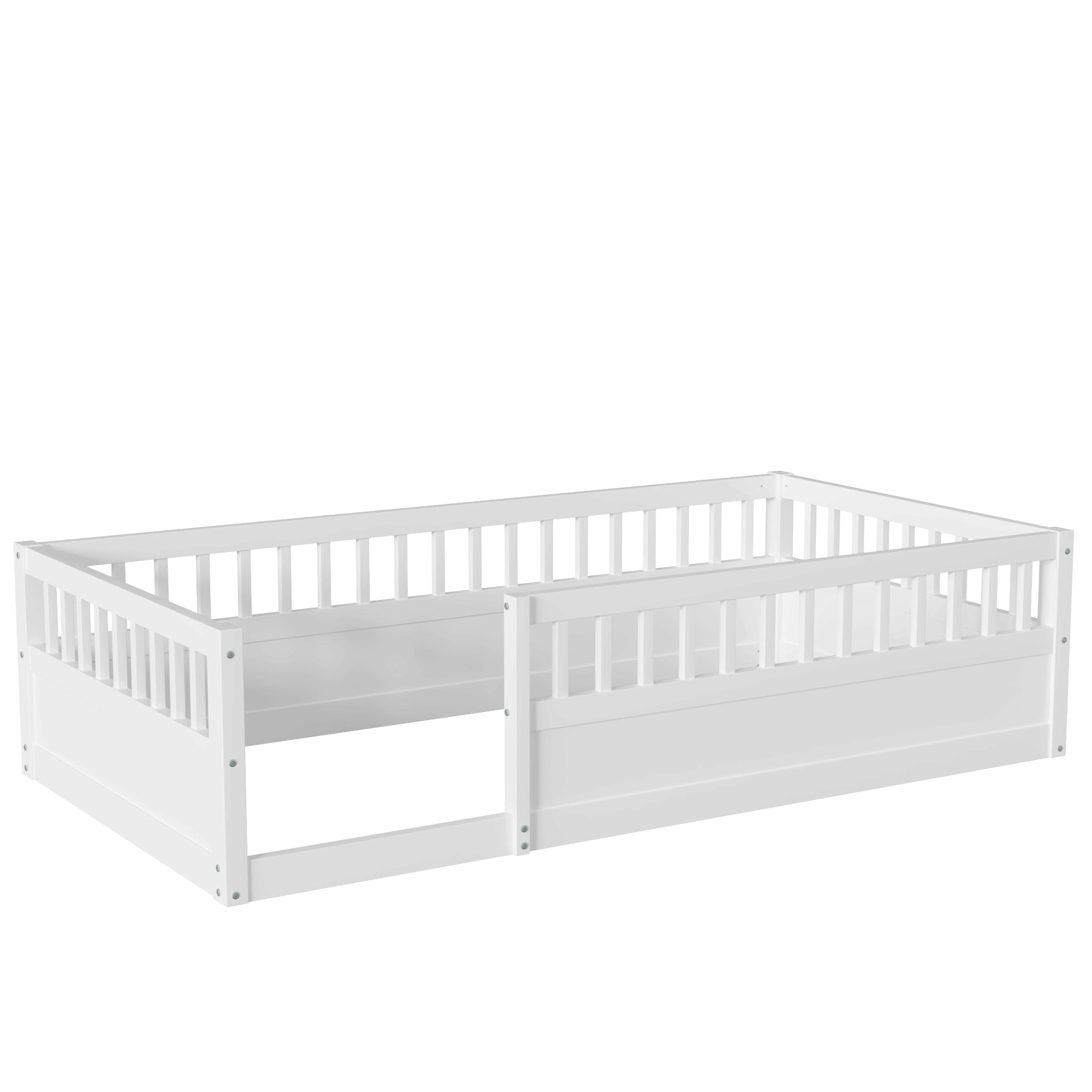 Twin Floor Bed Frame With Fence, Wood Kids Floor Beds Frame For Bedroom Playroom,White Twin White Pine