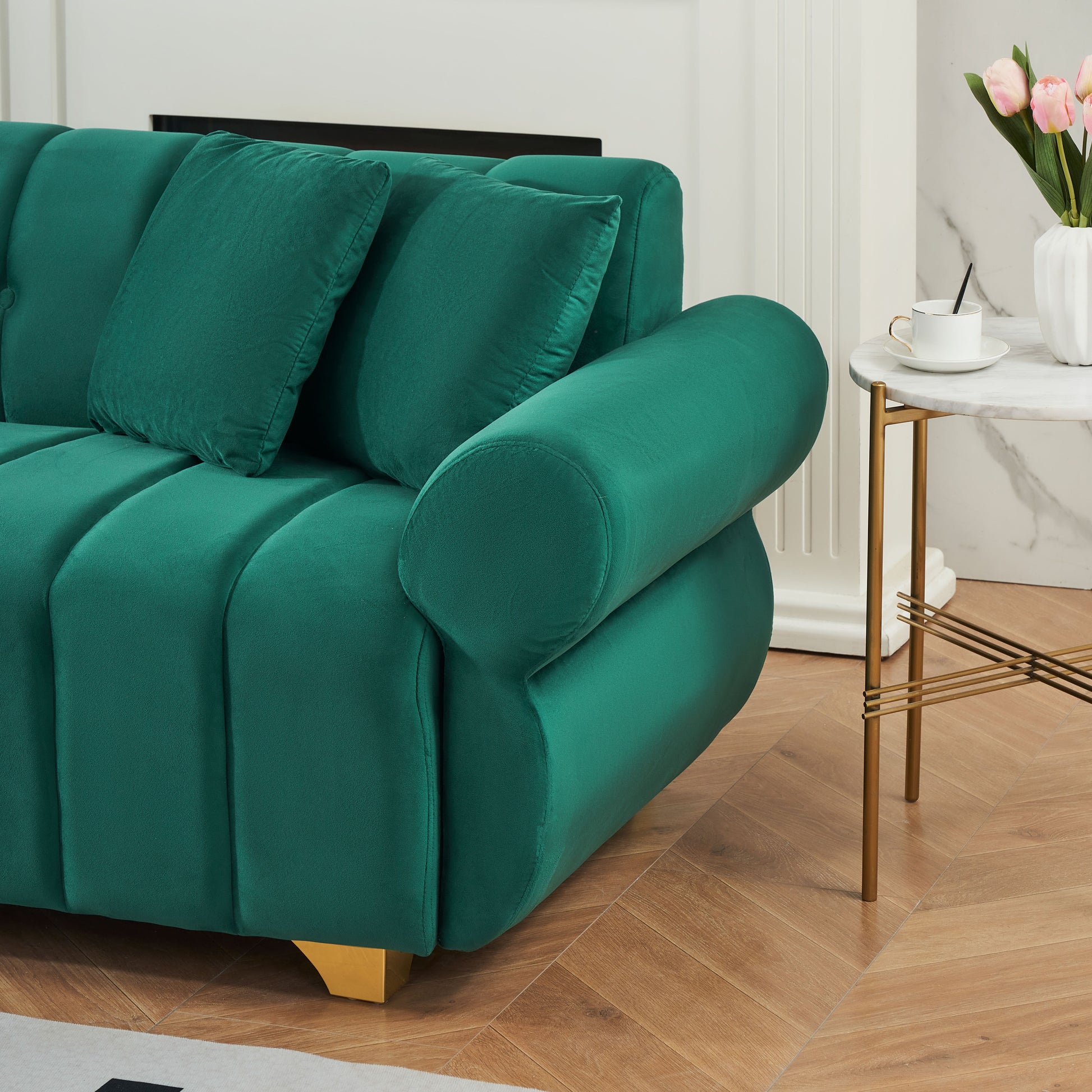 89 Inch Spring Wrapped Cushions, 3 Flannelette Sofas, Stylish Metal Feet And 4 Throw Pillows Make For A Modern Living Room Bedroom Green Velvet 3 Seat