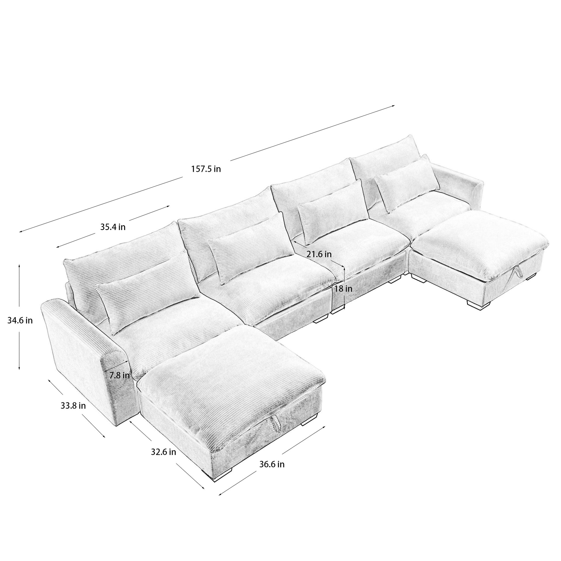 Big Deep Seat U Shaped Corduroy Sectional Couches For Living Room, 4 Seater Sofa Couch With 2 Storage Footstool And 4 Waist Pillows Corduroy, Beige Beige Corduroy 4 Seat