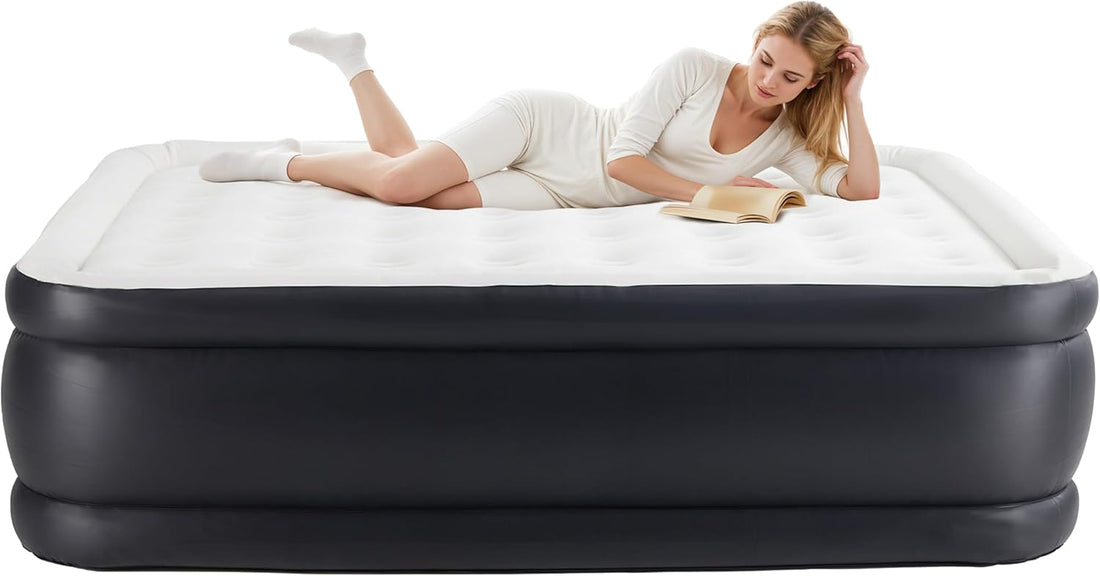 Queen Camping Air Mattress With Built In Electric High Speed Pump, 18" Bed Height, Blow Up Aerobed Inflatable Airbed With Carrying Bag For Home Guests & Travel, Waterproof Foldable Portable Black