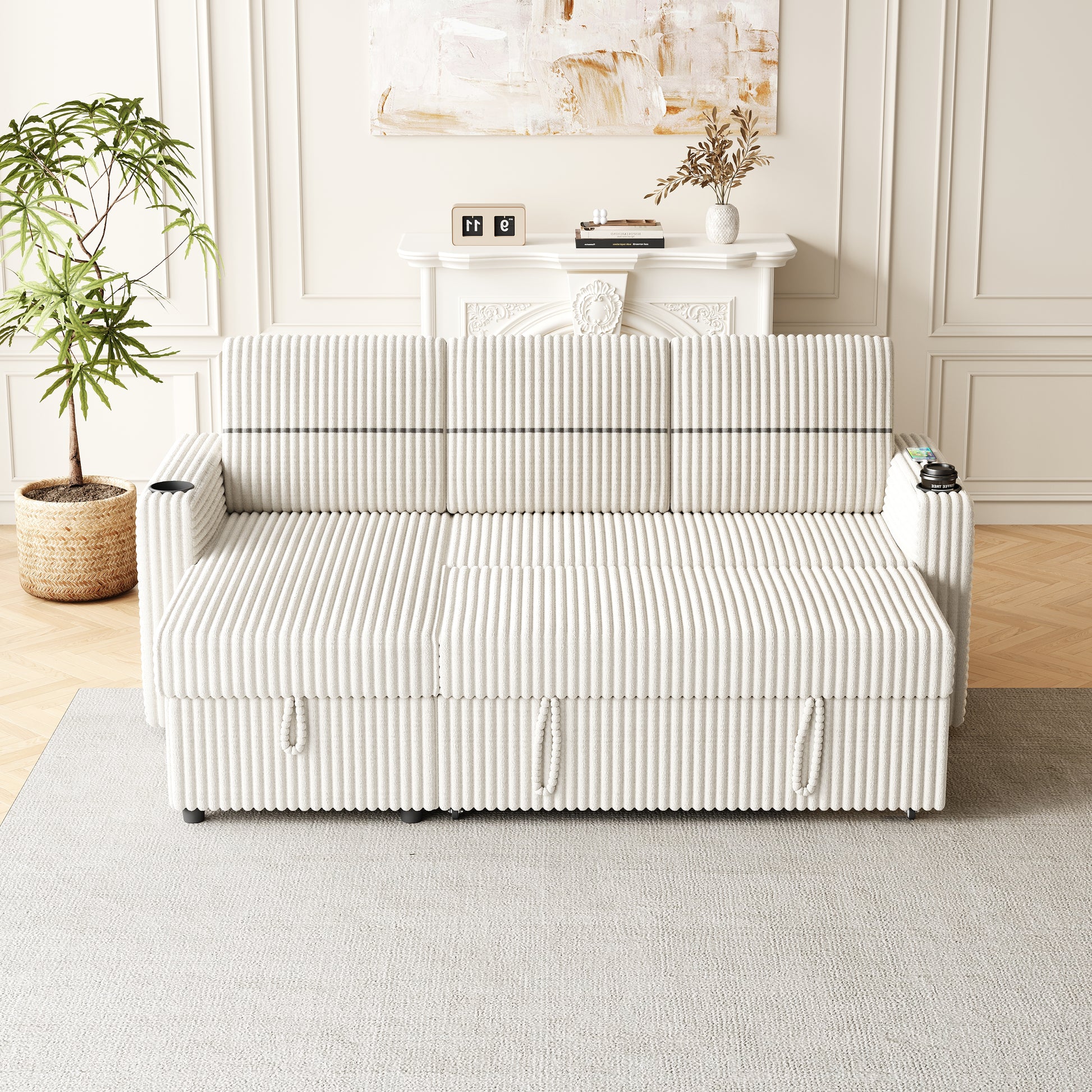85 Inches Corduroy Sofa Bed, 3 Seater Sleeper Sofa With Storage Chaise, Square Handrail With Two Cup Holder And Usb Charge Port, Pull Out Couch For Living Room Beige Corduroy 3 Seat