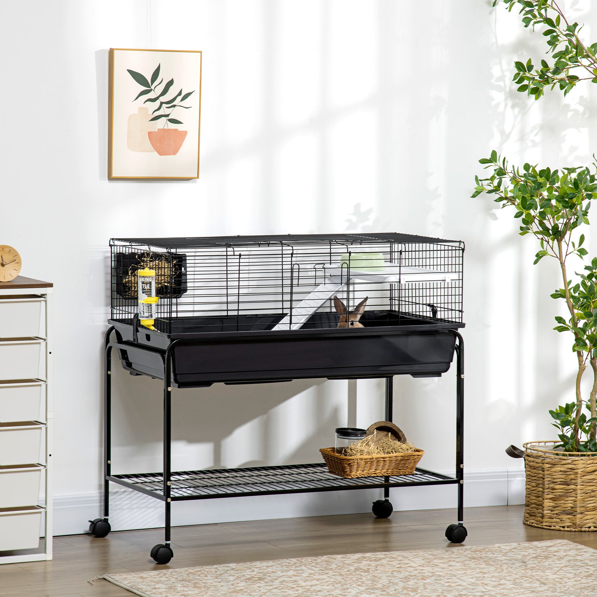 Pawhut Two Story Small Animal Cage Removable From Stand, Guinea Pig Cage, Hedgehog Cage, Chinchilla Cage, Ferret, With Shelf & Wheels, Pet Habitat, 39" X 20.5" X 36.5" Black Grey Plastic