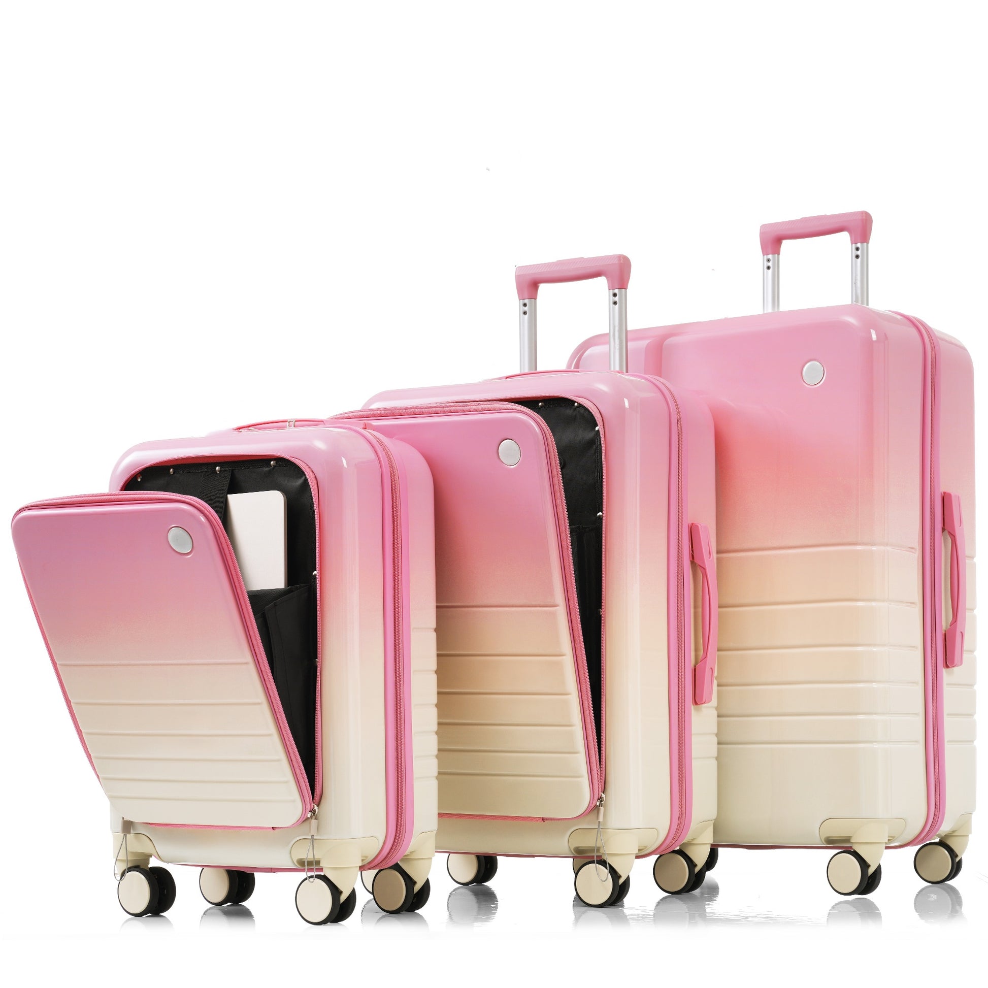 Luggage Set Of 3, 20, 24, 28Inch With Usb Port, 20, 24Inch With Front Opening Design Airline Certified Carry On Luggage With Cup Holder, Abs Pc Hard Shell Luggage With Spinner Wheels, Pink Pink Abs